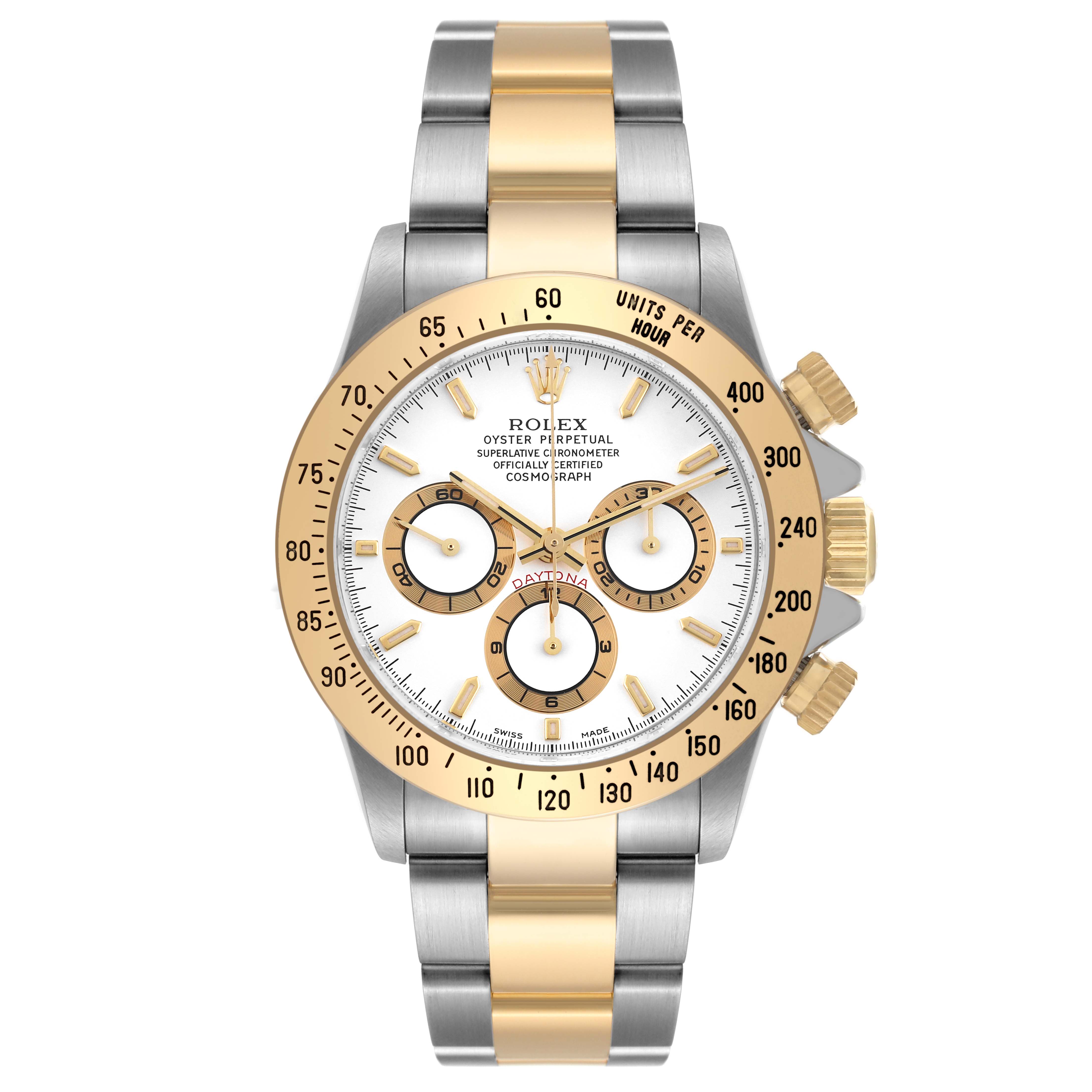 The Rolex Daytona 16523 Men
s Steel and Gold (two tone) White Dial 16523 Men
s Steel and Gold (two tone) White Dial watch is shown from the front, displaying the dial, bezel, and bracelet.