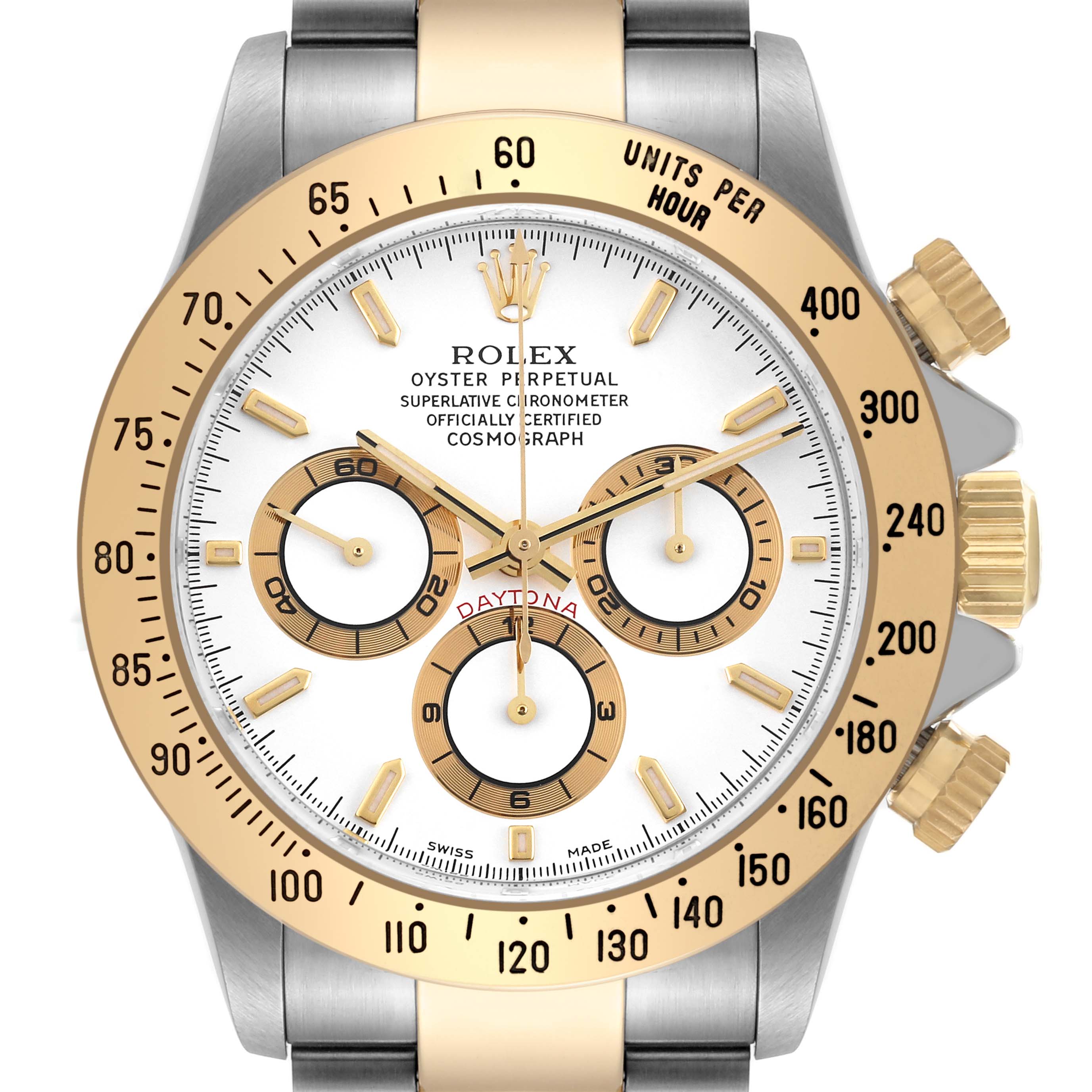 This is a front view of a Rolex Daytona 16523 Men
s Steel and Gold (two tone) White Dial 16523 Men
s Steel and Gold (two tone) White Dial watch, showcasing the dial, bezel, and push-buttons.
