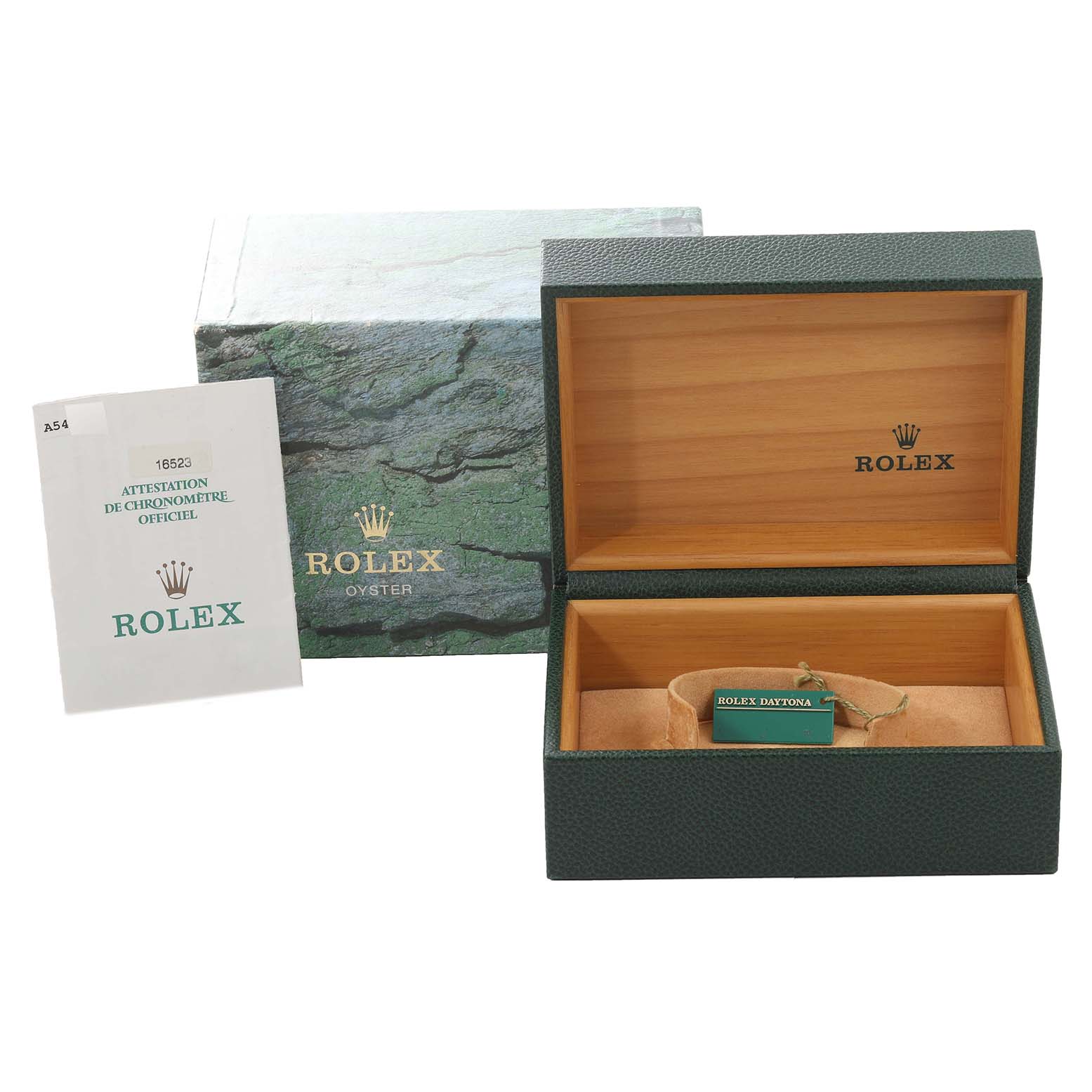 The image shows a Rolex Daytona 16523 Men
s Steel and Gold (two tone) White Dial 16523 Men
s Steel and Gold (two tone) White Dial watch box, an outer box, and an official chronometer certification.