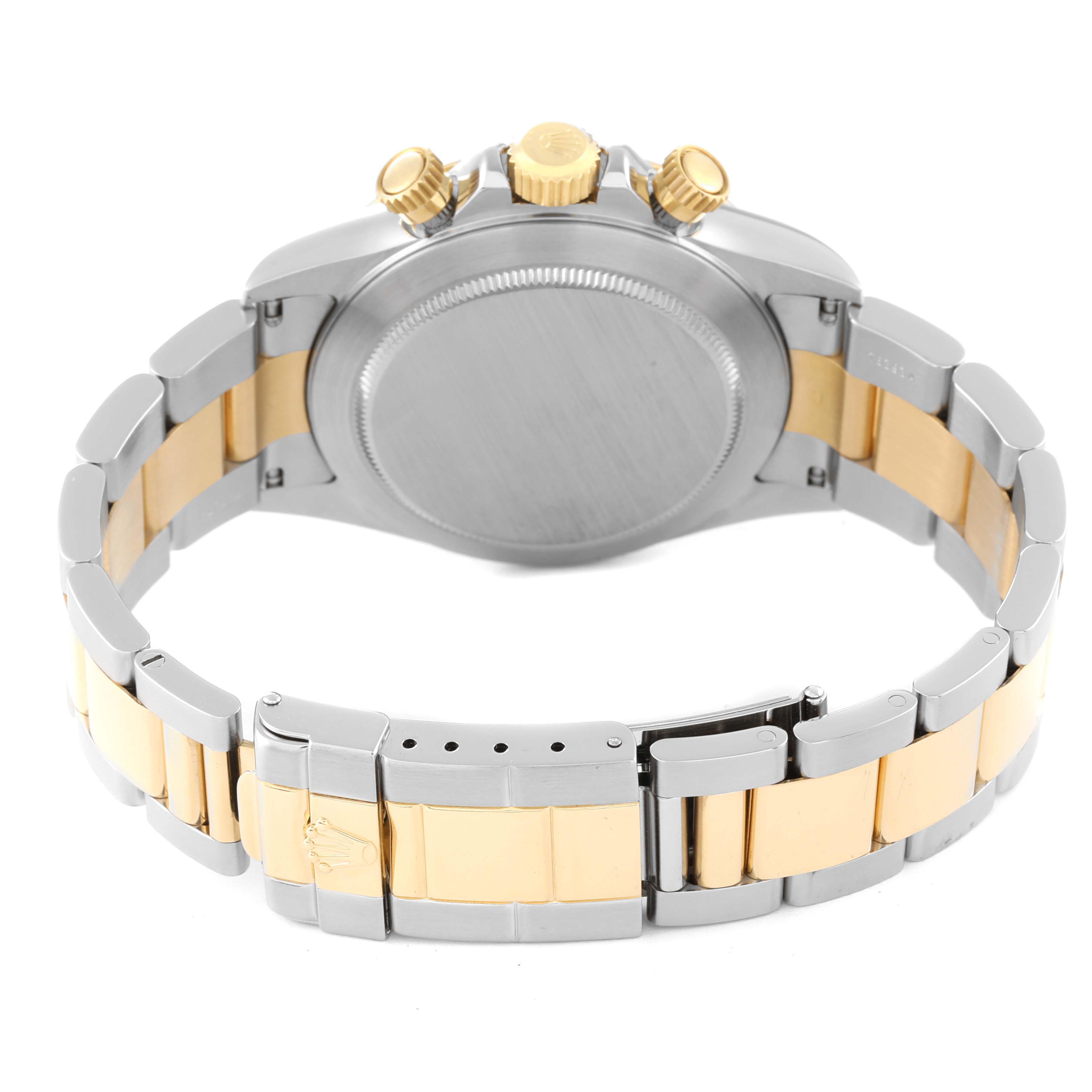 The image shows the back and bracelet of a Rolex Daytona 16523 Men
s Steel and Gold (two tone) White Dial 16523 Men
s Steel and Gold (two tone) White Dial watch, highlighting its two-tone metal design and clasp.