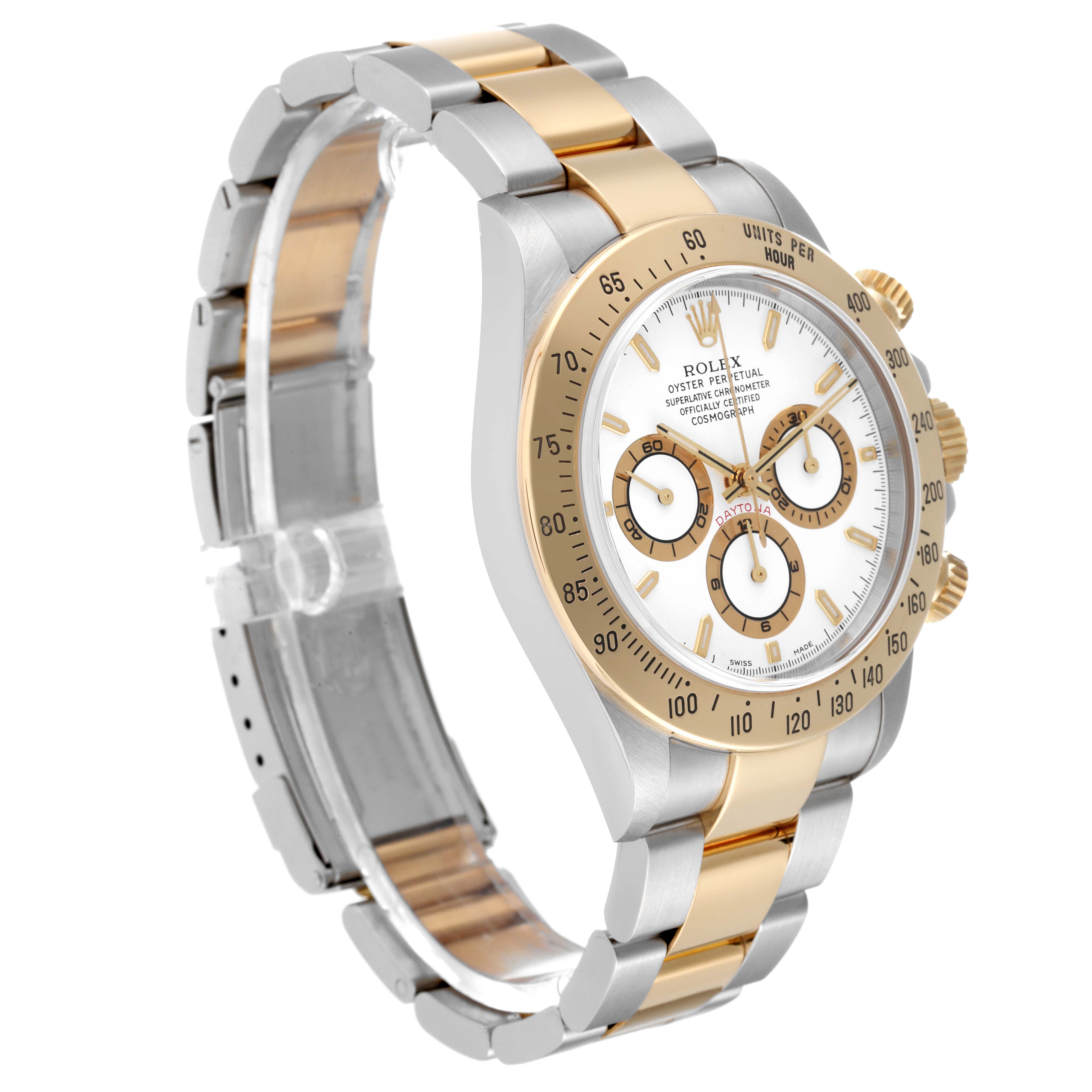 The image shows a Rolex Daytona 16523 Men
s Steel and Gold (two tone) White Dial 16523 Men
s Steel and Gold (two tone) White Dial watch from a 3/4 angle, highlighting its bezel, dial, and bracelet.