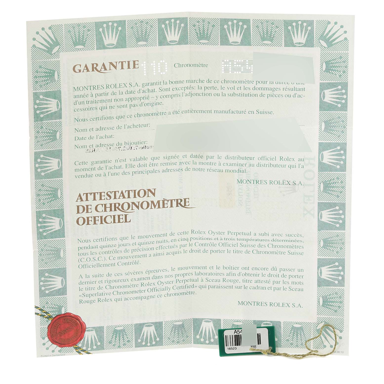 This image shows the official chronometer certificate and warranty card for a Rolex Daytona 16523 Men
s Steel and Gold (two tone) White Dial 16523 Men
s Steel and Gold (two tone) White Dial watch.