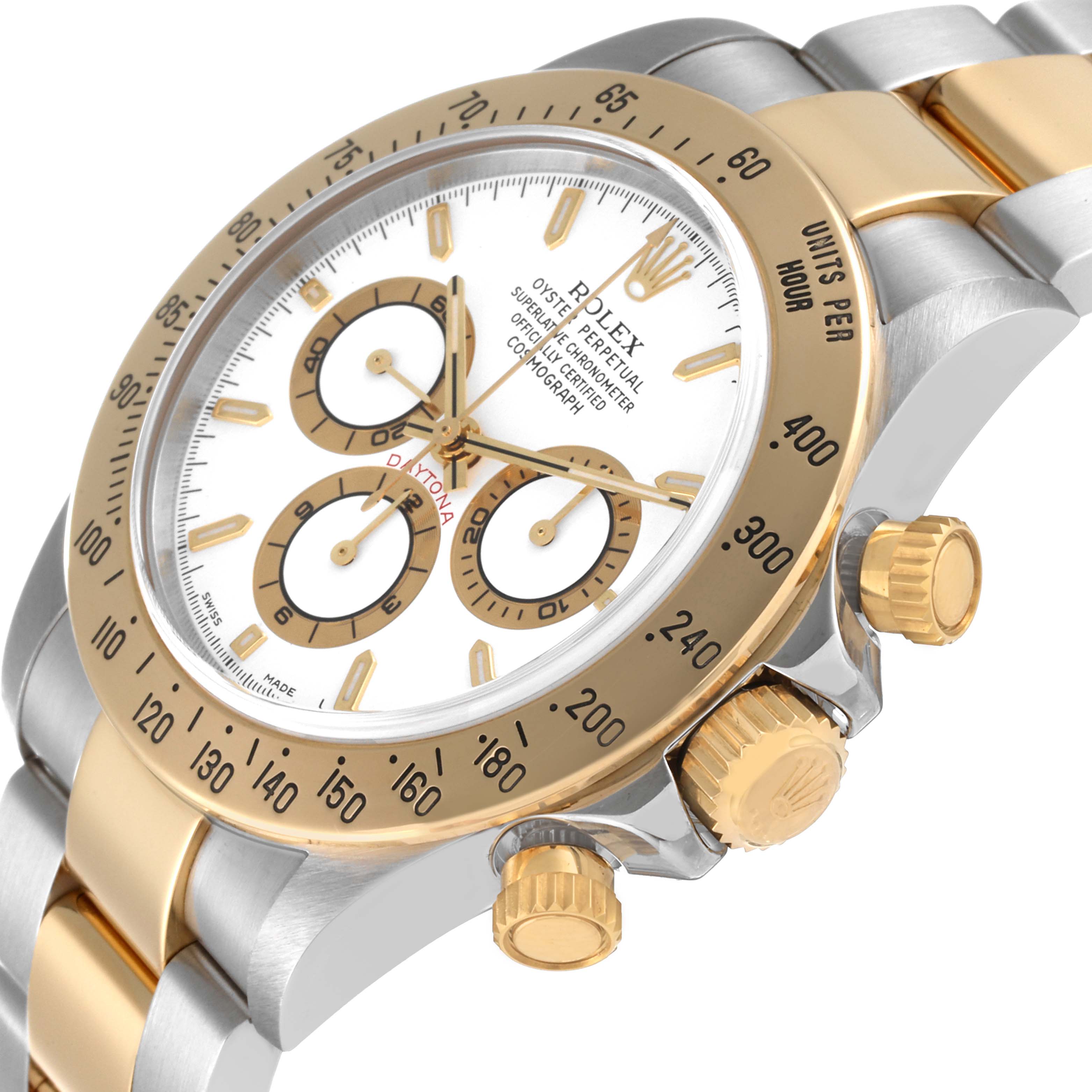 This image shows the Rolex Daytona 16523 Men
s Steel and Gold (two tone) White Dial 16523 Men
s Steel and Gold (two tone) White Dial watch at a three-quarter angle, highlighting its dial, bezel, and pushers.