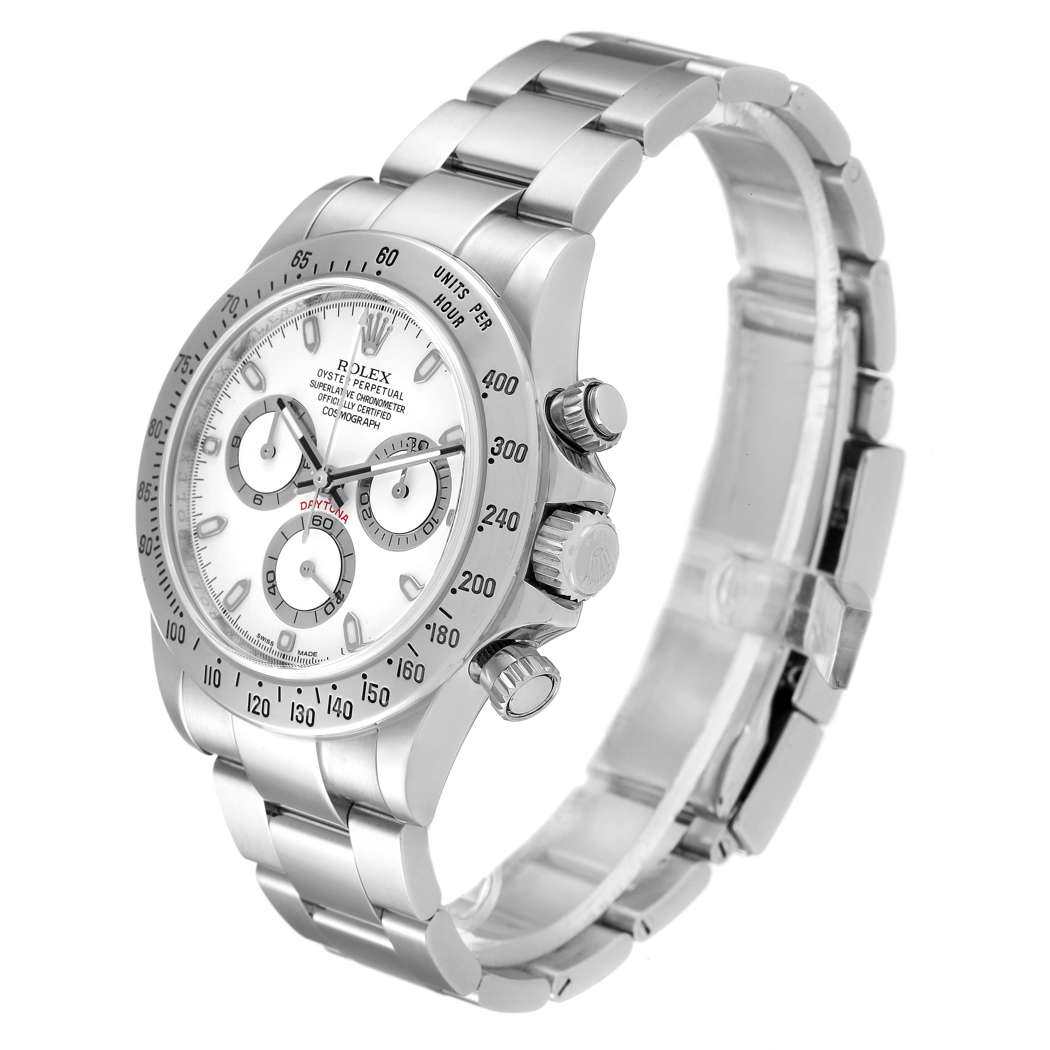 The image shows a Rolex Daytona 116520 Men
s Stainless Steel White Dial 116520 Men
s Stainless Steel White Dial watch at a three-quarter angle, highlighting the case, dial, bezel, crown, and bracelet.