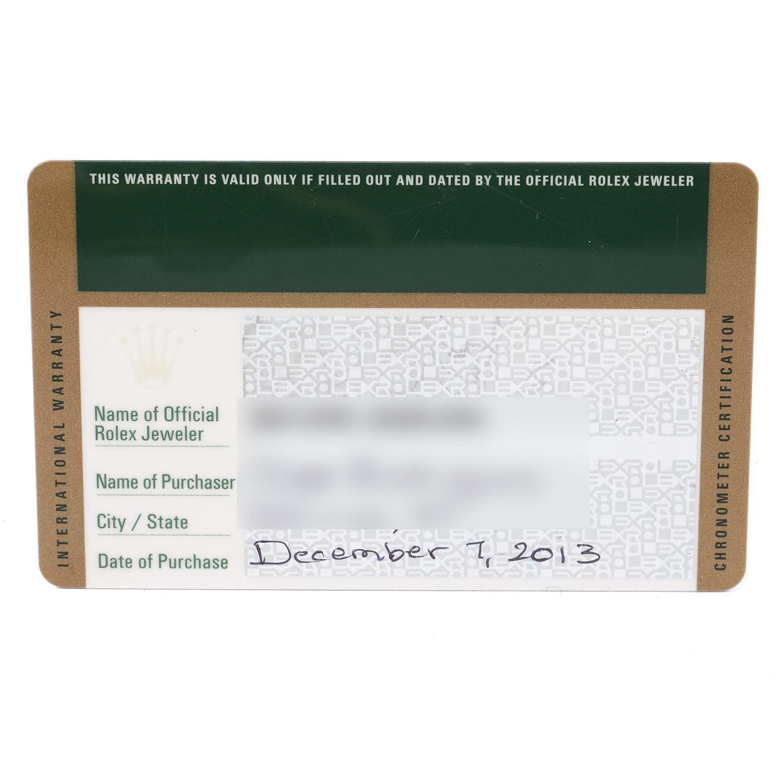 This image shows a warranty card for the Rolex Daytona 116520 Men
s Stainless Steel White Dial 116520 Men
s Stainless Steel White Dial watch, including details like the name of the official jeweler and the date of purchase.