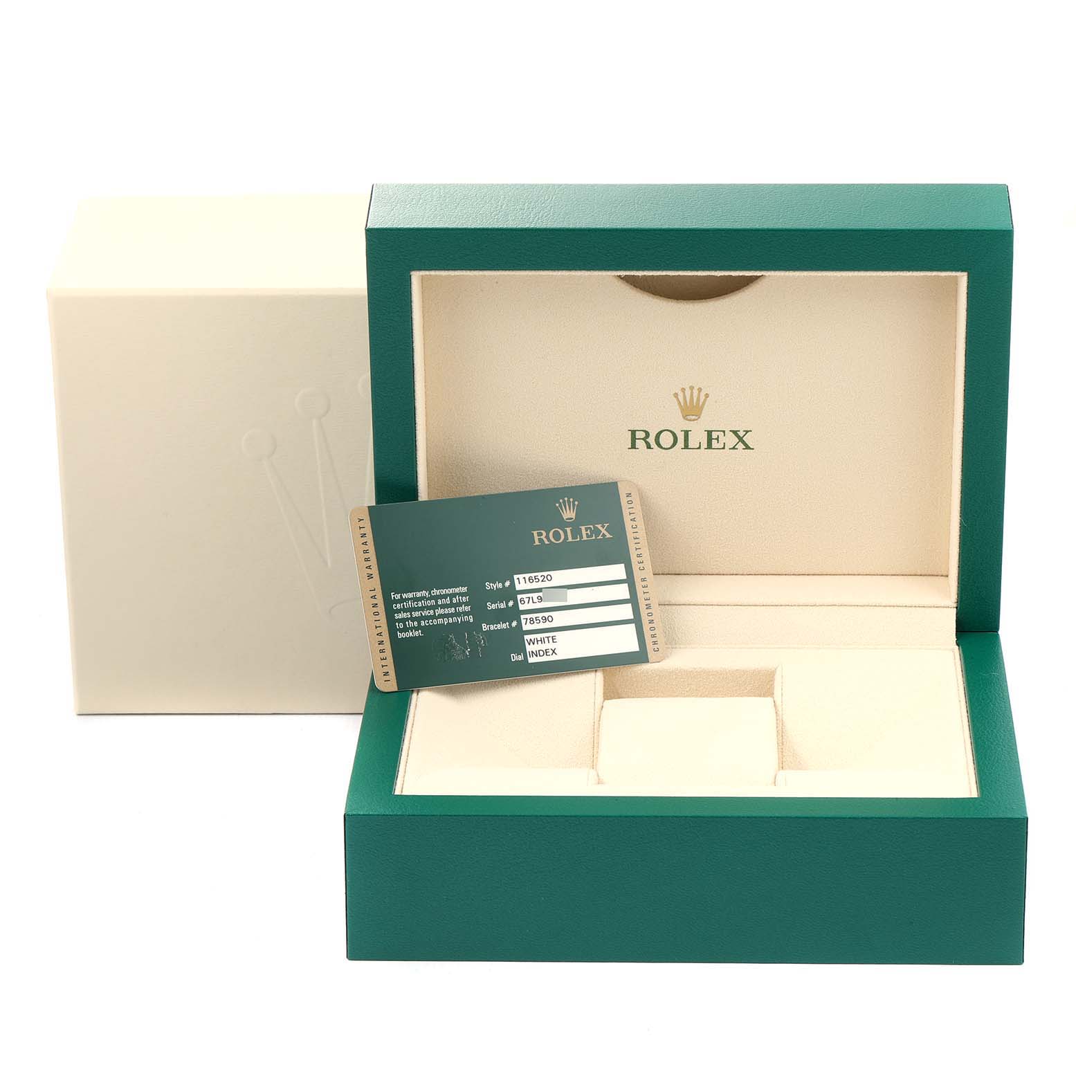 The image shows the open box of a Rolex Daytona 116520 Men
s Stainless Steel White Dial 116520 Men
s Stainless Steel White Dial watch and its certification card.