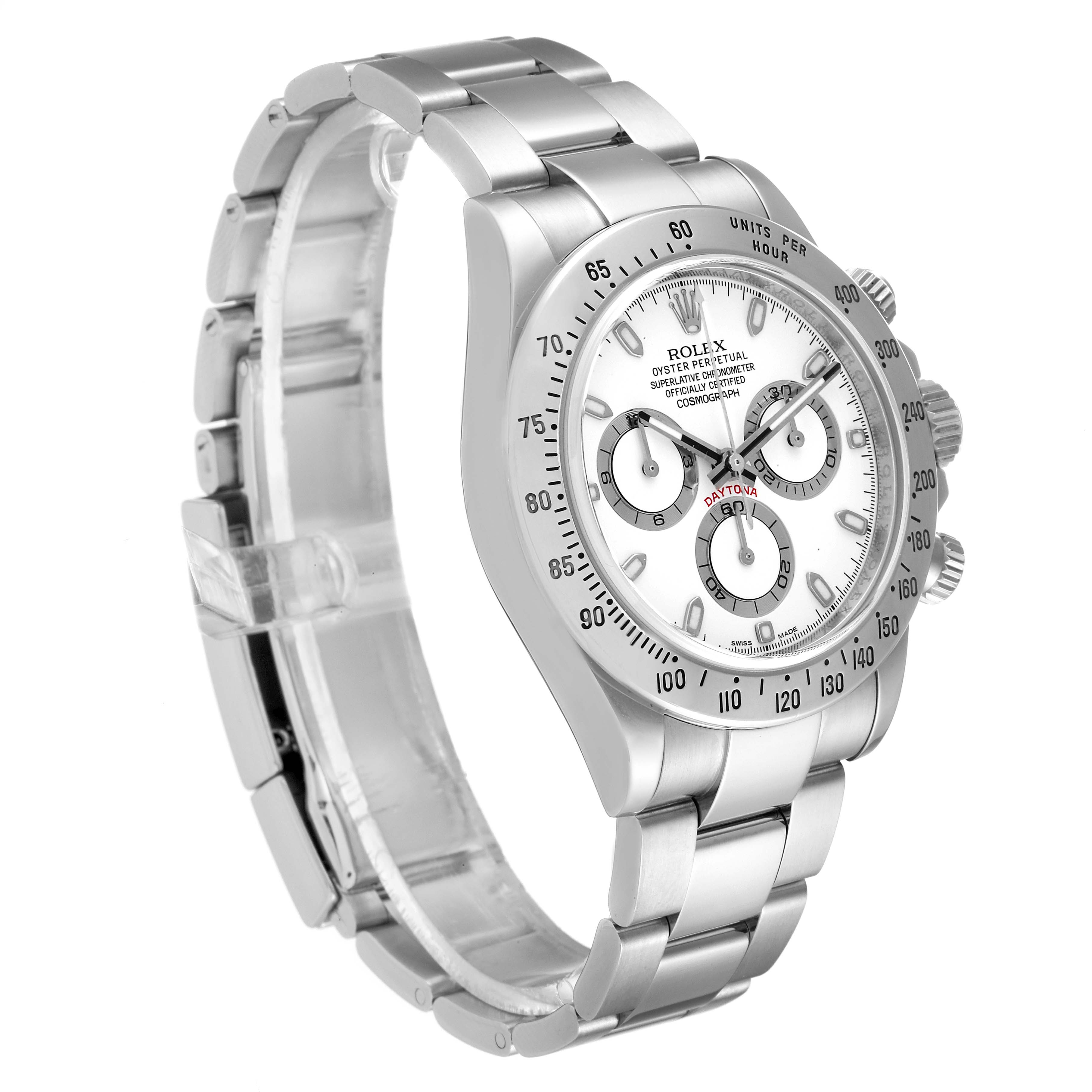 The image shows a side and front angle of a Rolex Daytona 116520 Men
s Stainless Steel White Dial 116520 Men
s Stainless Steel White Dial watch, highlighting its dial, bezel, case, and bracelet.