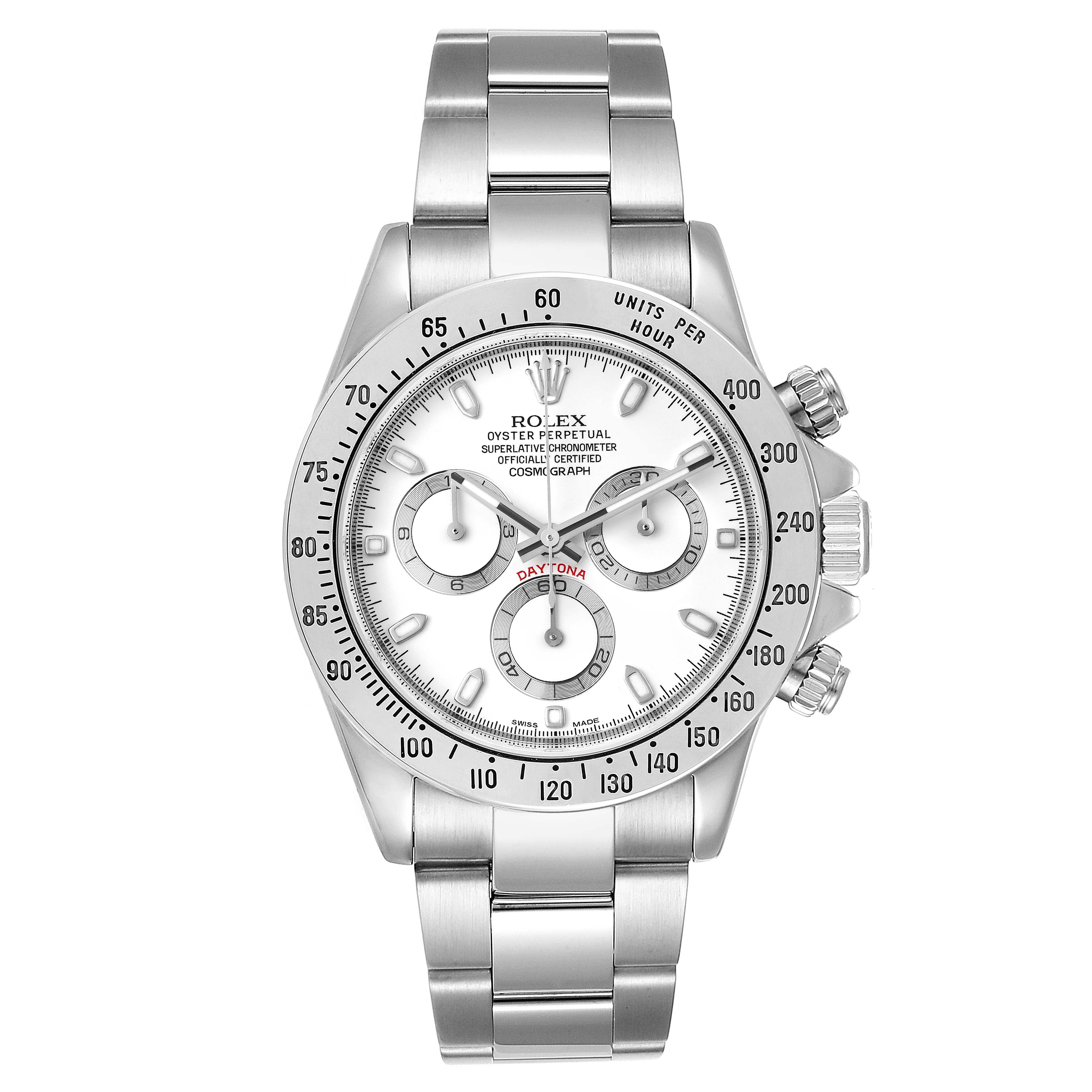 The image shows a front view of the Rolex Daytona 116520 Men
s Stainless Steel White Dial 116520 Men
s Stainless Steel White Dial watch, highlighting the dial, bezel, and bracelet.