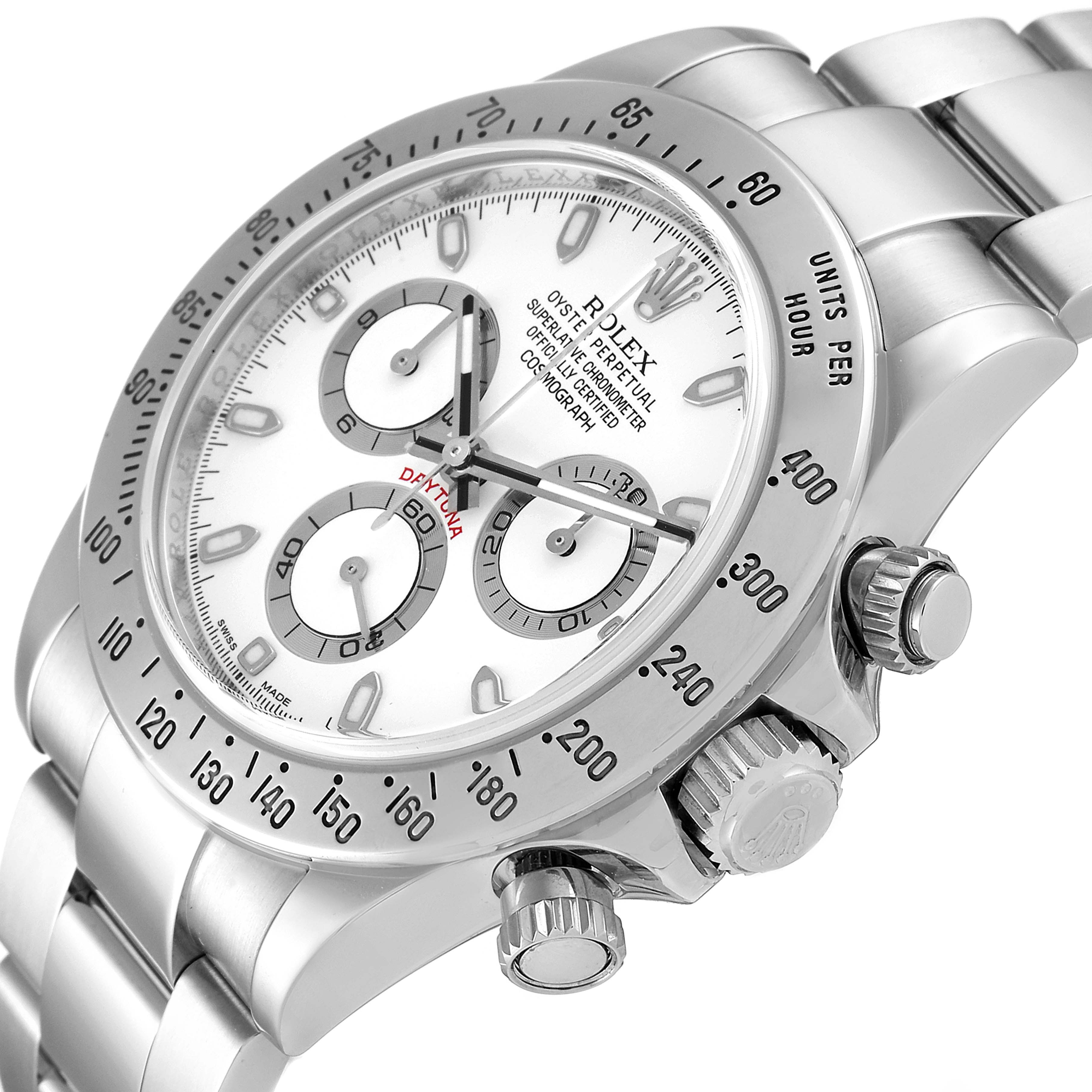 This image shows a side angle of the Rolex Daytona 116520 Men
s Stainless Steel White Dial 116520 Men
s Stainless Steel White Dial watch, highlighting the bezel, crown, and part of the bracelet.
