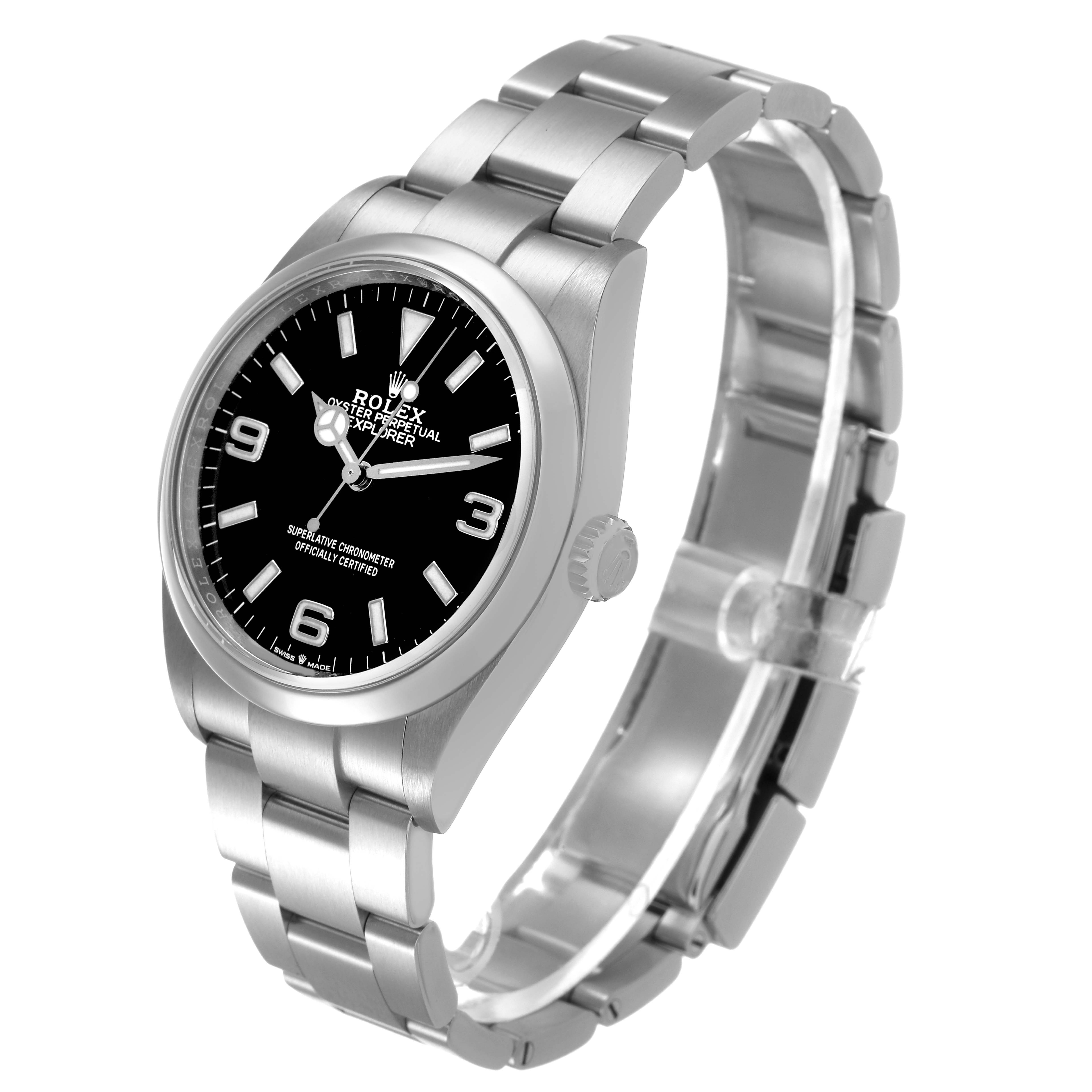 The Rolex Explorer 124270 Men's Stainless Steel Black Dial watch is shown at a side angle highlighting the face, bezel, and bracelet.