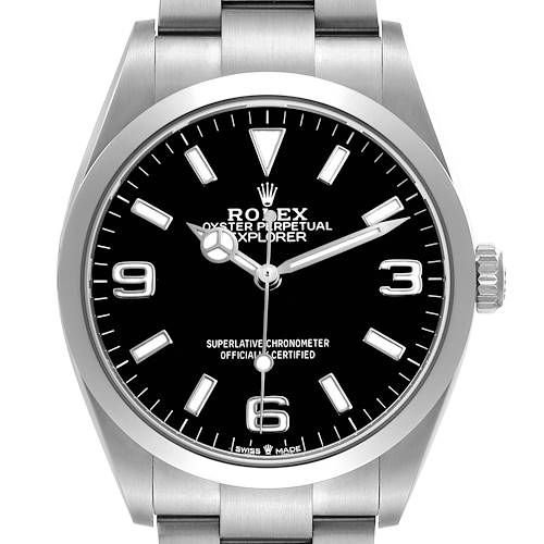 The Rolex Explorer 124270 Men's Stainless Steel Black Dial watch is shown from the front, displaying the dial, bezel, crown, and part of the bracelet.