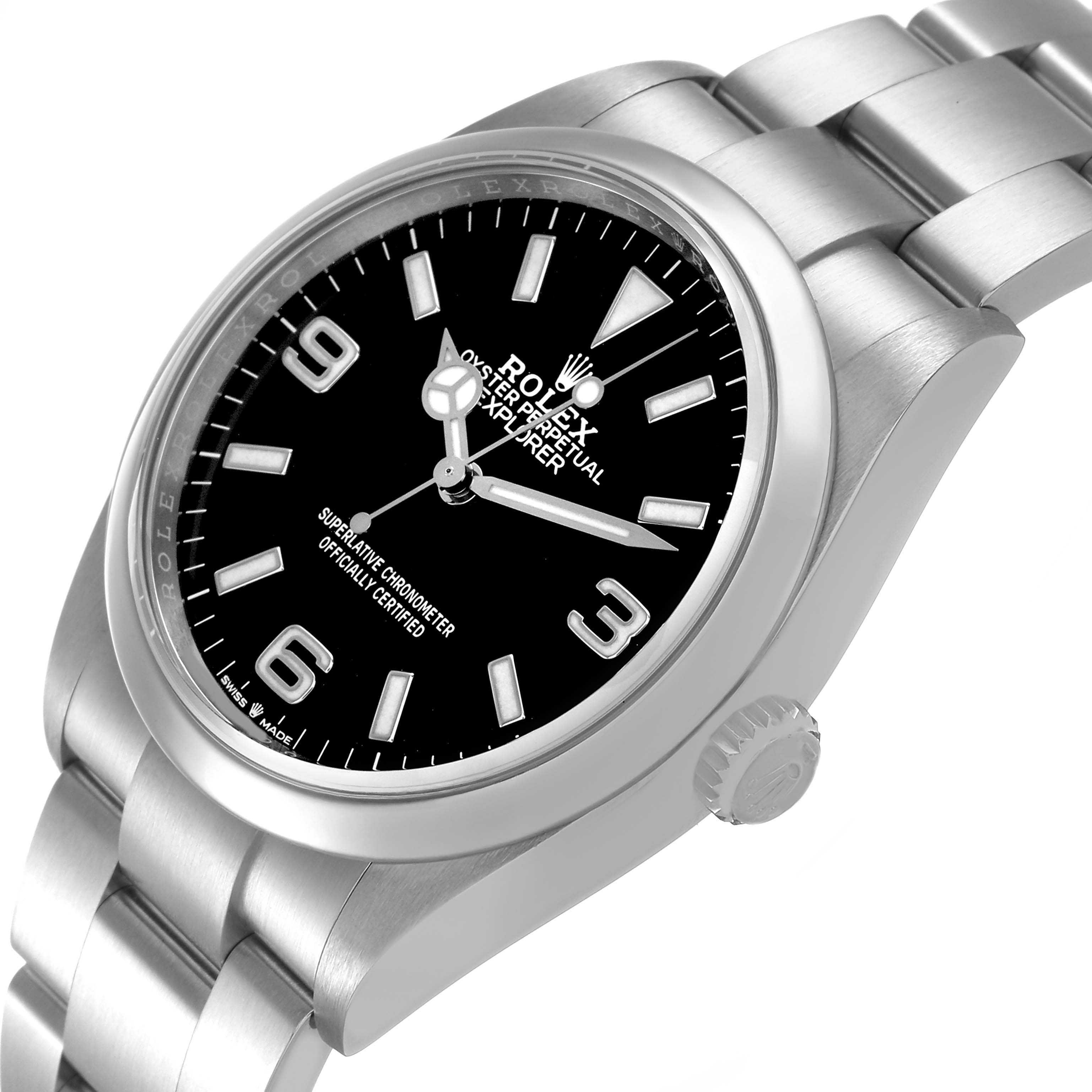 The Rolex Explorer 124270 Men's Stainless Steel Black Dial watch is shown at an angled view, highlighting its dial, crown, and bracelet.