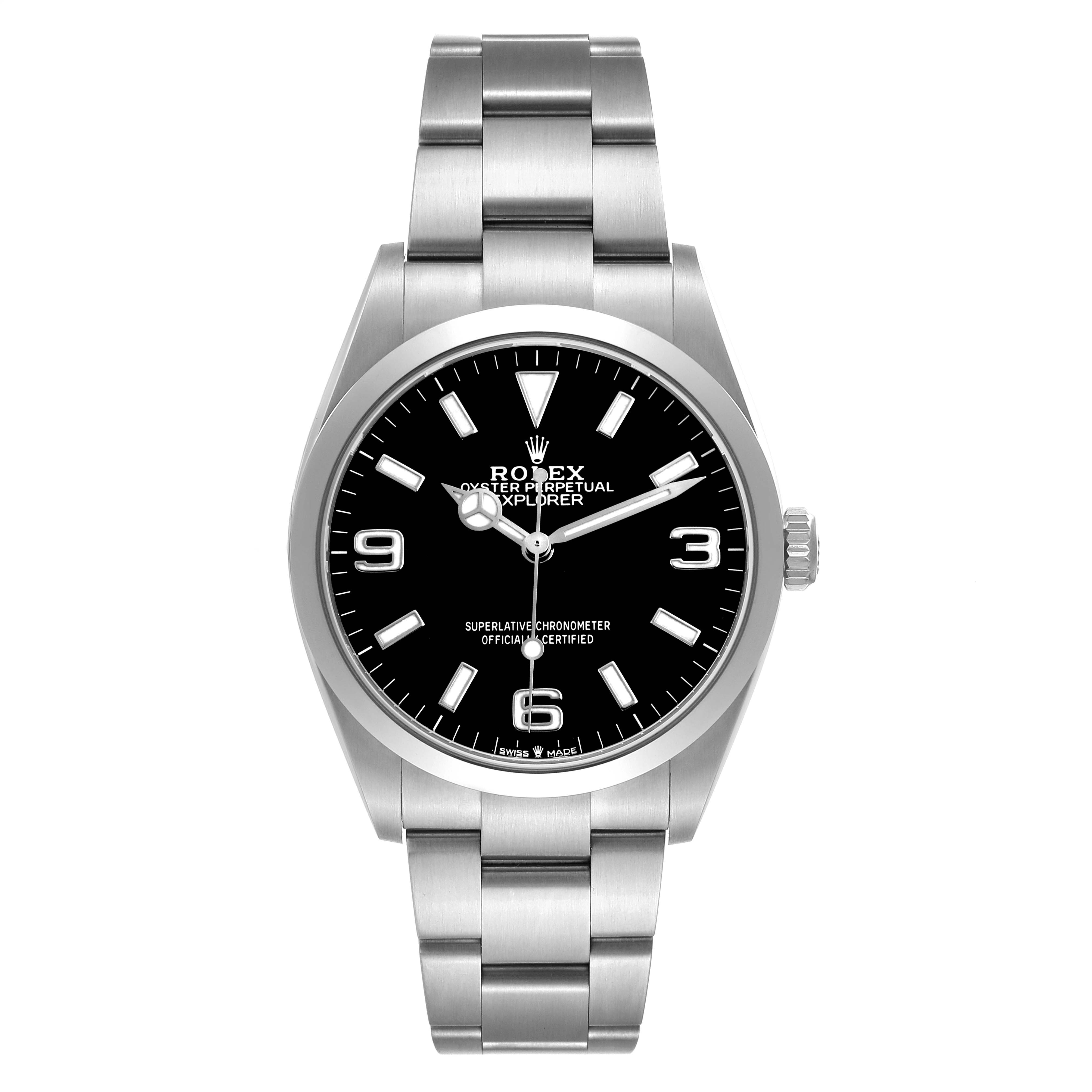 The Rolex Explorer 124270 Men's Stainless Steel Black Dial watch is shown from a front angle, displaying the dial, bezel, and bracelet.