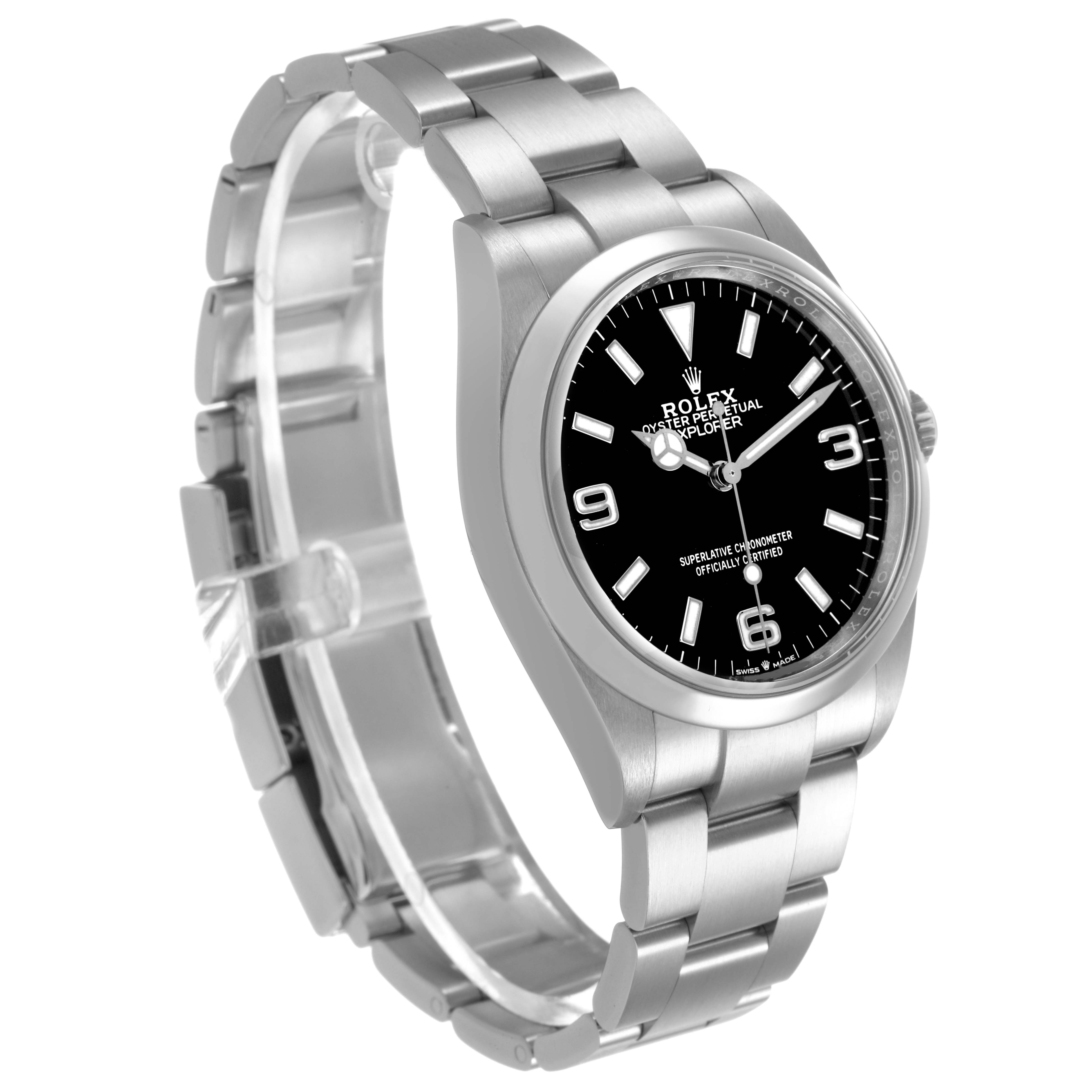 The Rolex Explorer 124270 Men's Stainless Steel Black Dial watch is shown at a three-quarter angle, highlighting the dial, bezel, and bracelet.