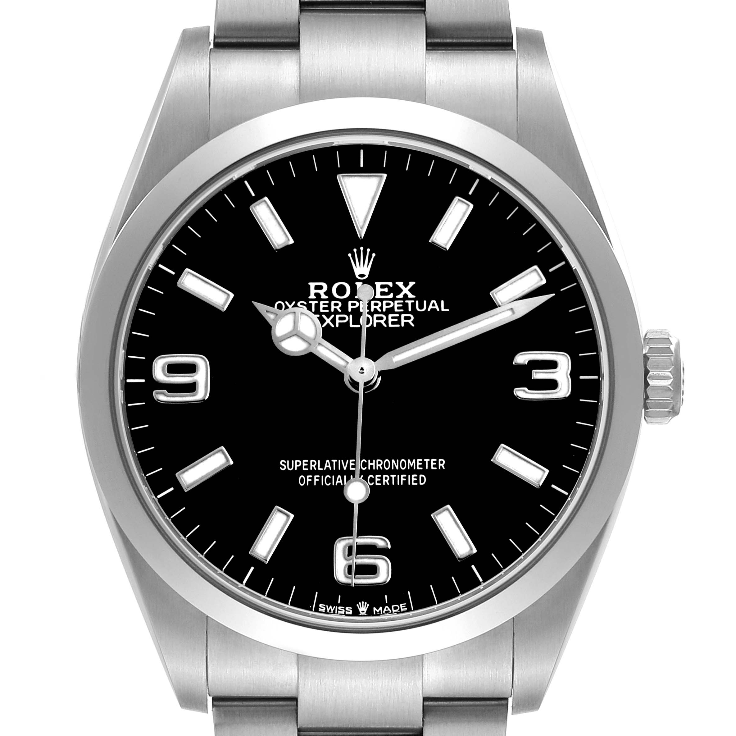 The image shows a frontal view of the Rolex Explorer 124270 Men's Stainless Steel Black Dial watch, highlighting the dial, bezel, and bracelet.