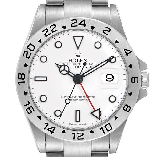The Rolex Explorer 16570 Men's Stainless Steel White Dial II watch is shown from a front angle, highlighting the dial, bezel, and part of the bracelet.