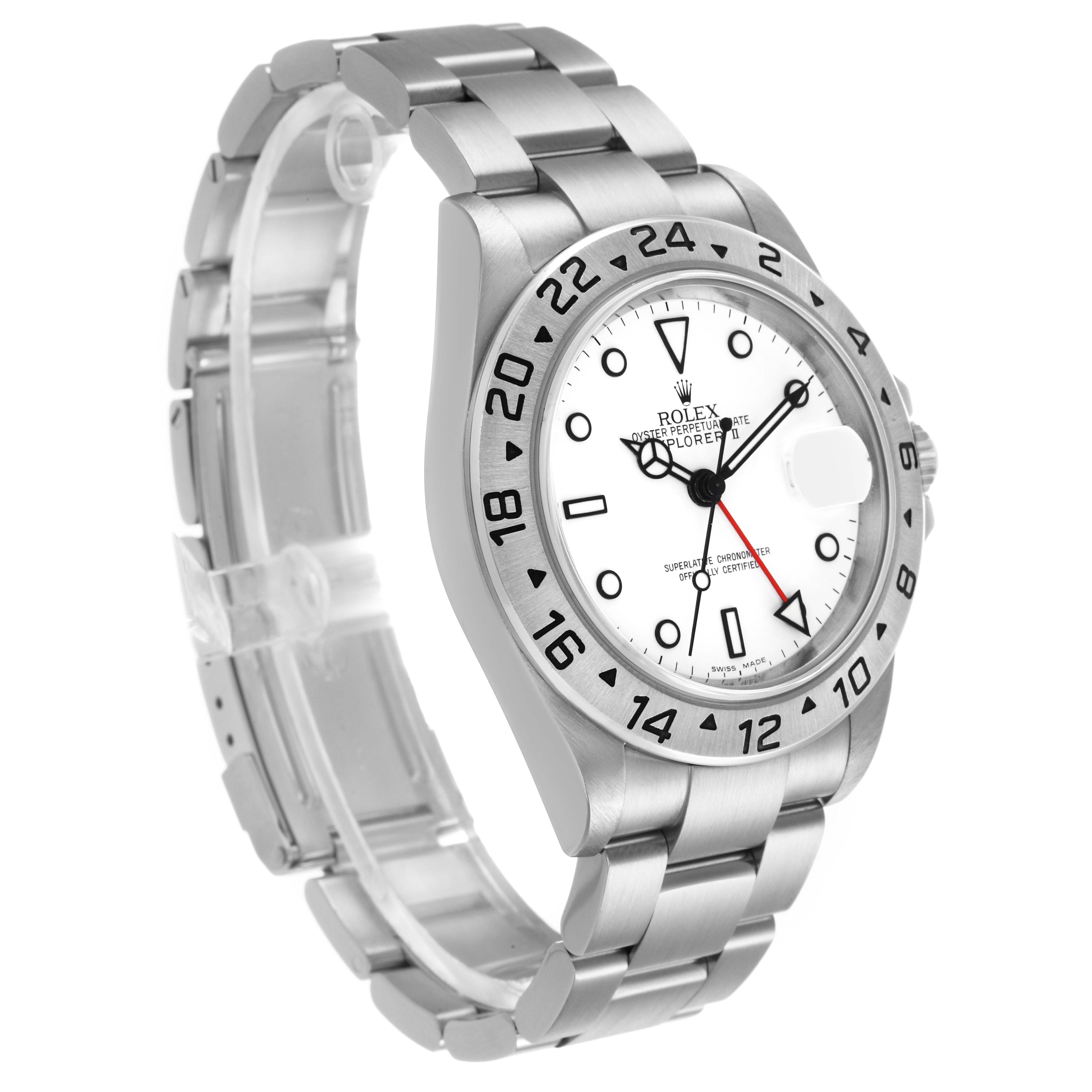 The image shows a Rolex Explorer 16570 Men's Stainless Steel White Dial watch at a three-quarter angle, displaying the bezel, face, bracelet, and side profile.