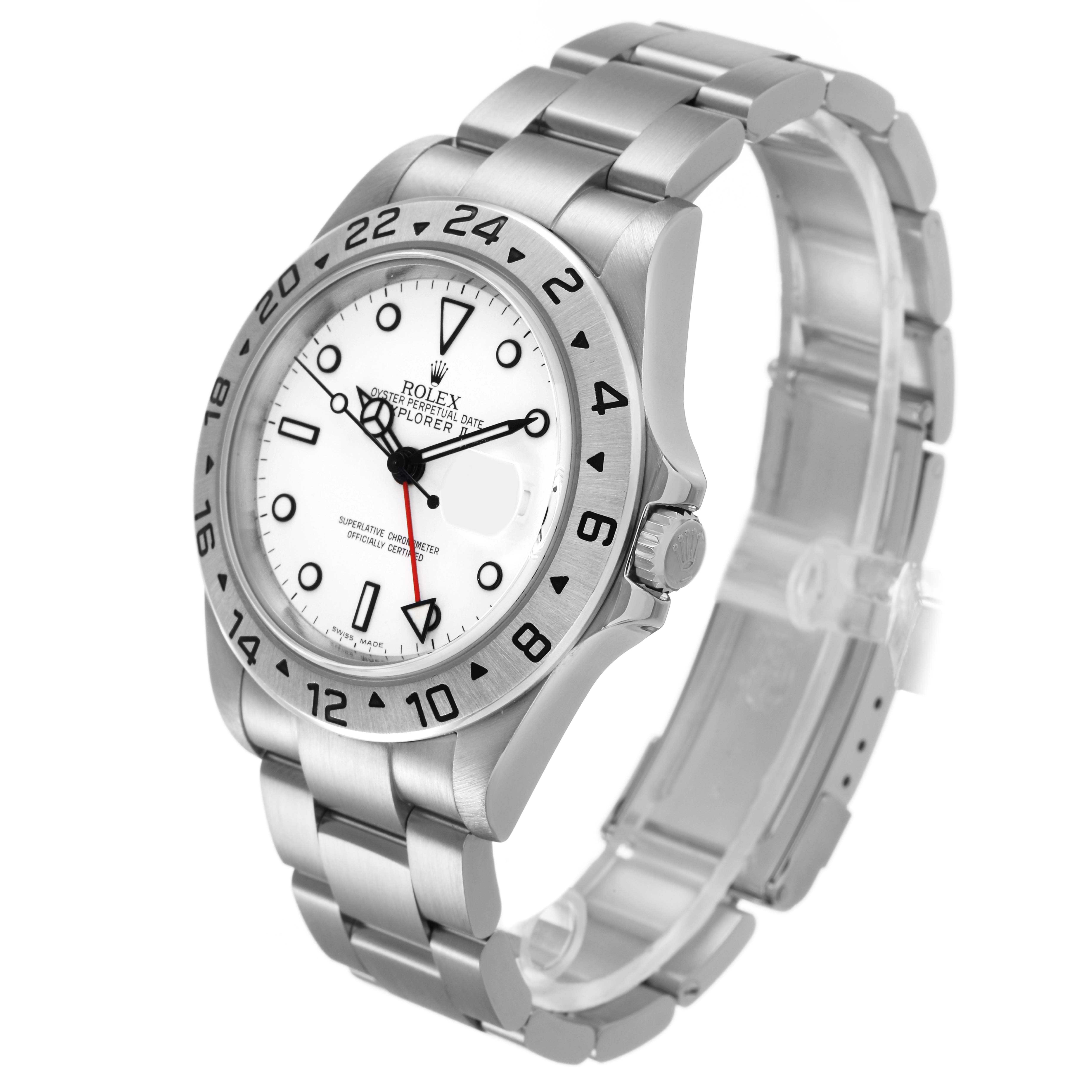 The Rolex Explorer 16570 Men's Stainless Steel White Dial watch is shown at a three-quarter angle, displaying the face, bezel, crown, and bracelet.