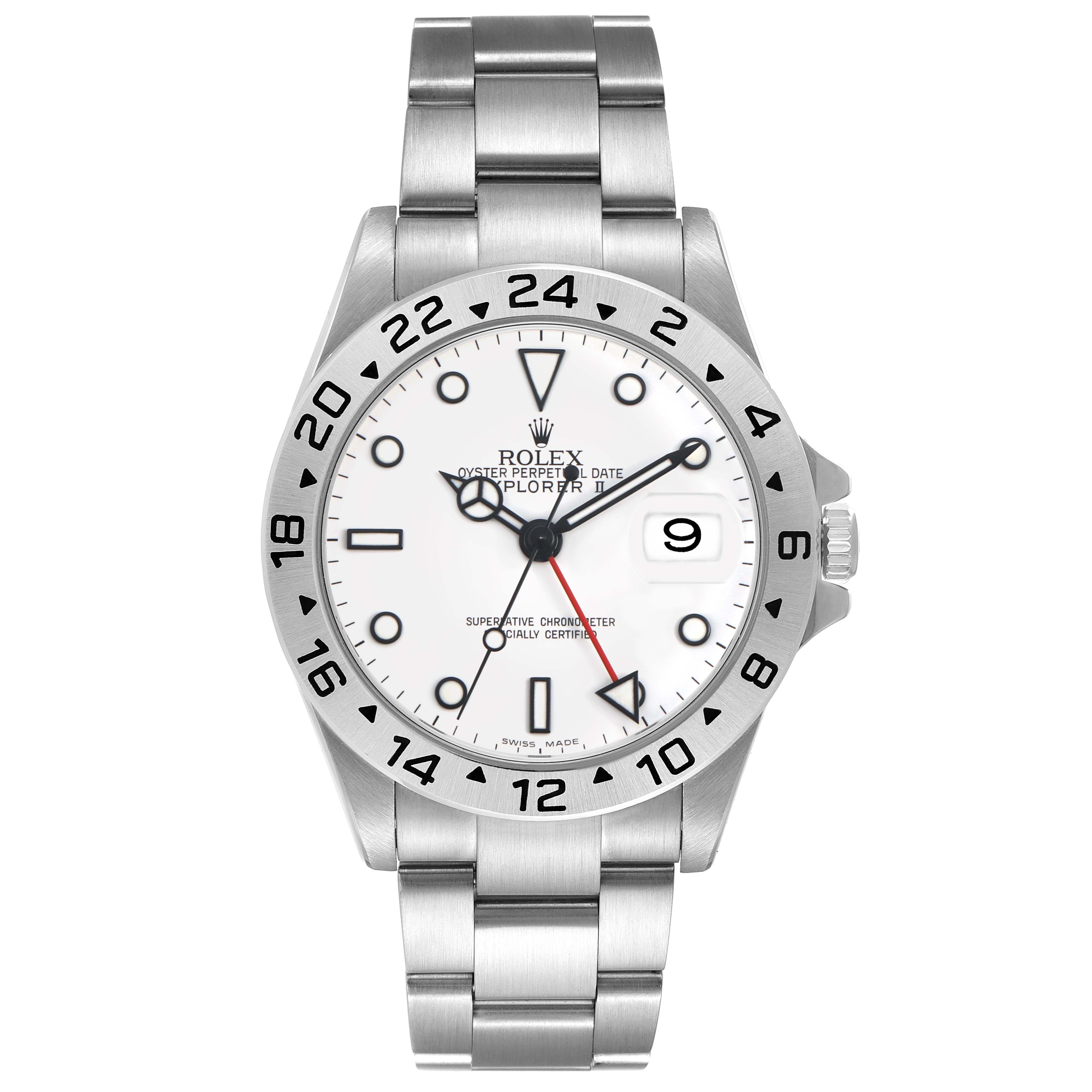 The Rolex Explorer 16570 Men's Stainless Steel White Dial model is shown from the front, displaying the watch face, bezel, and bracelet.