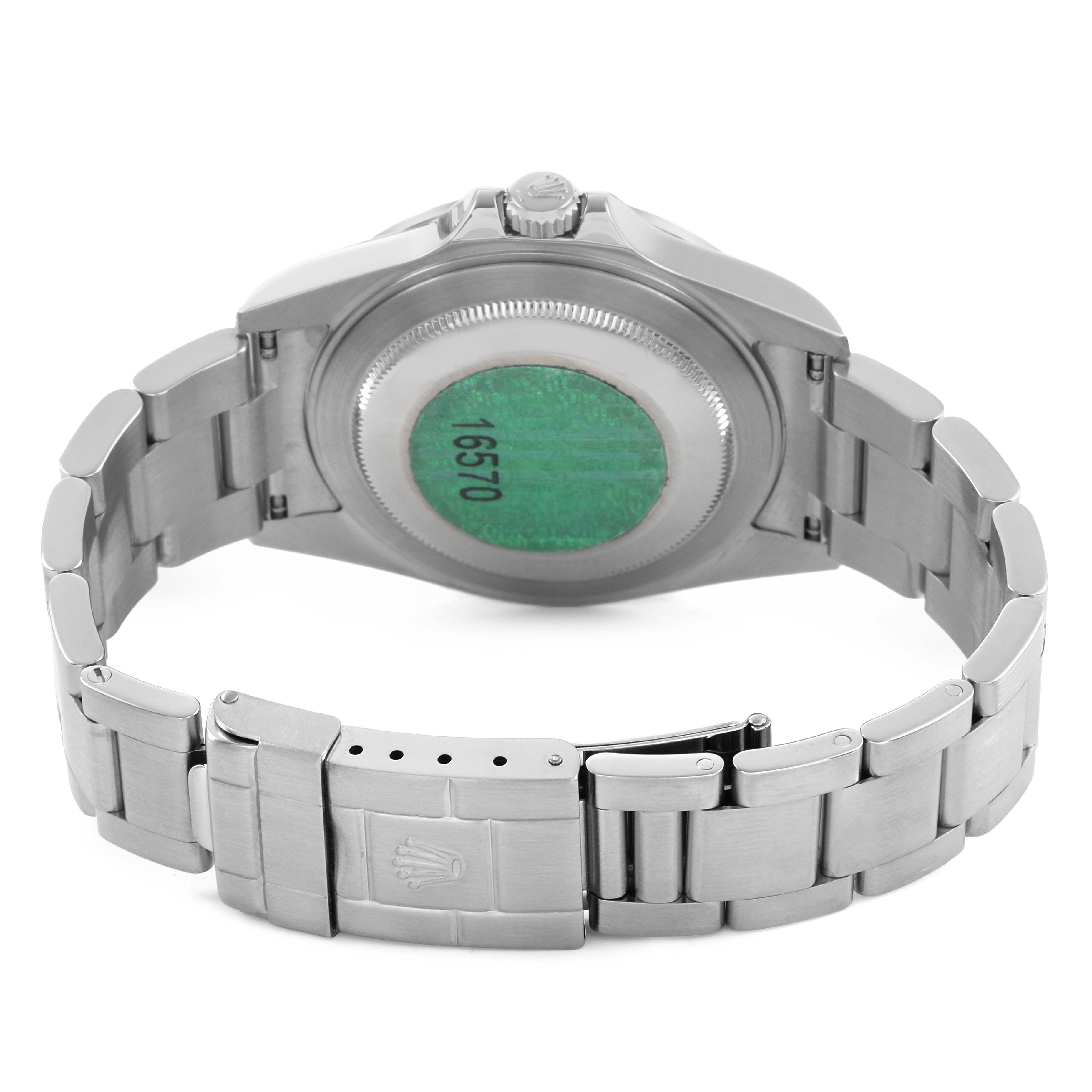 The image shows the back and bracelet of a Rolex Explorer 16570 Men's Stainless Steel White Dial, highlighting the clasp and case back.
