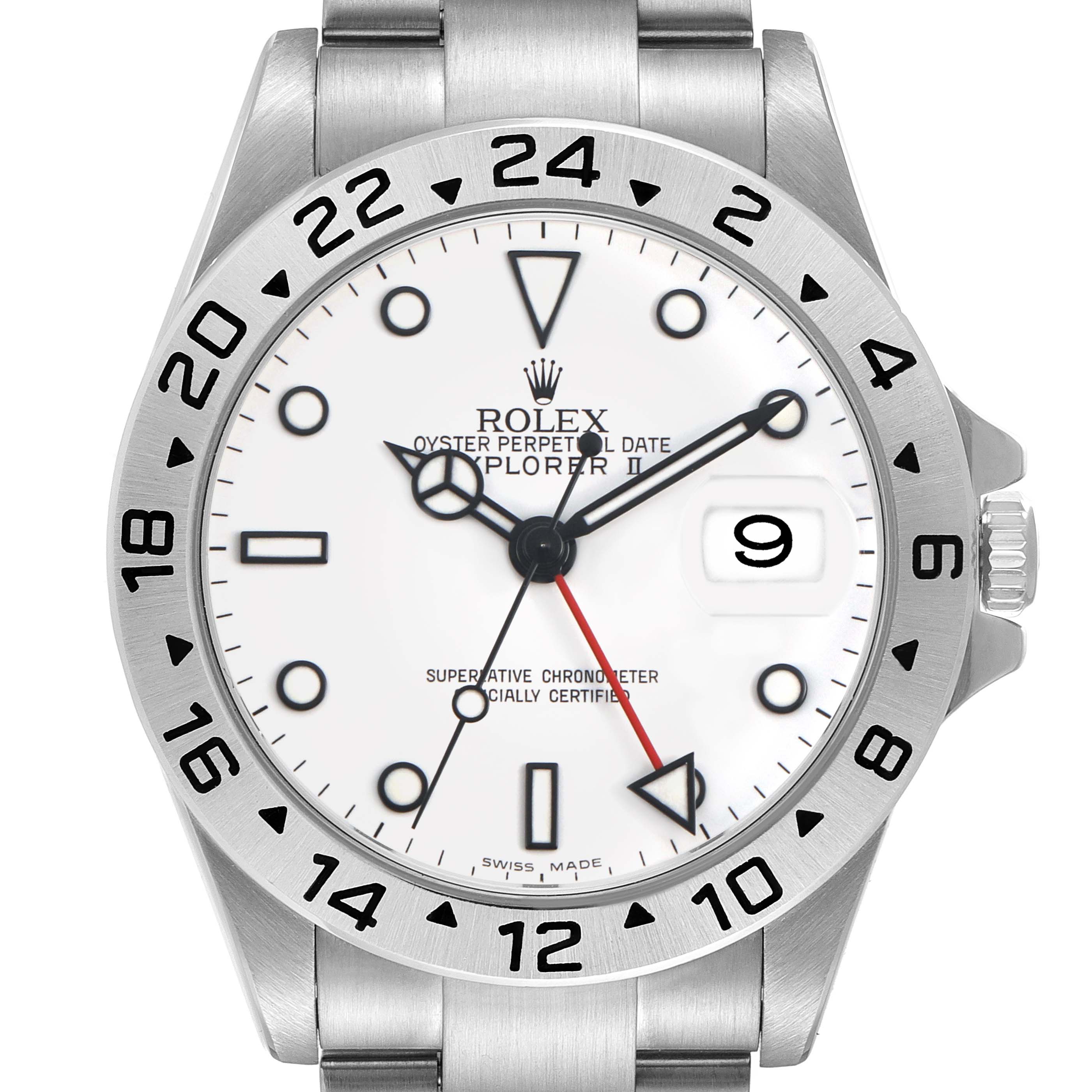 The Rolex Explorer 16570 Men's Stainless Steel White Dial II watch is shown from a front angle, highlighting its dial, bezel, and bracelet.