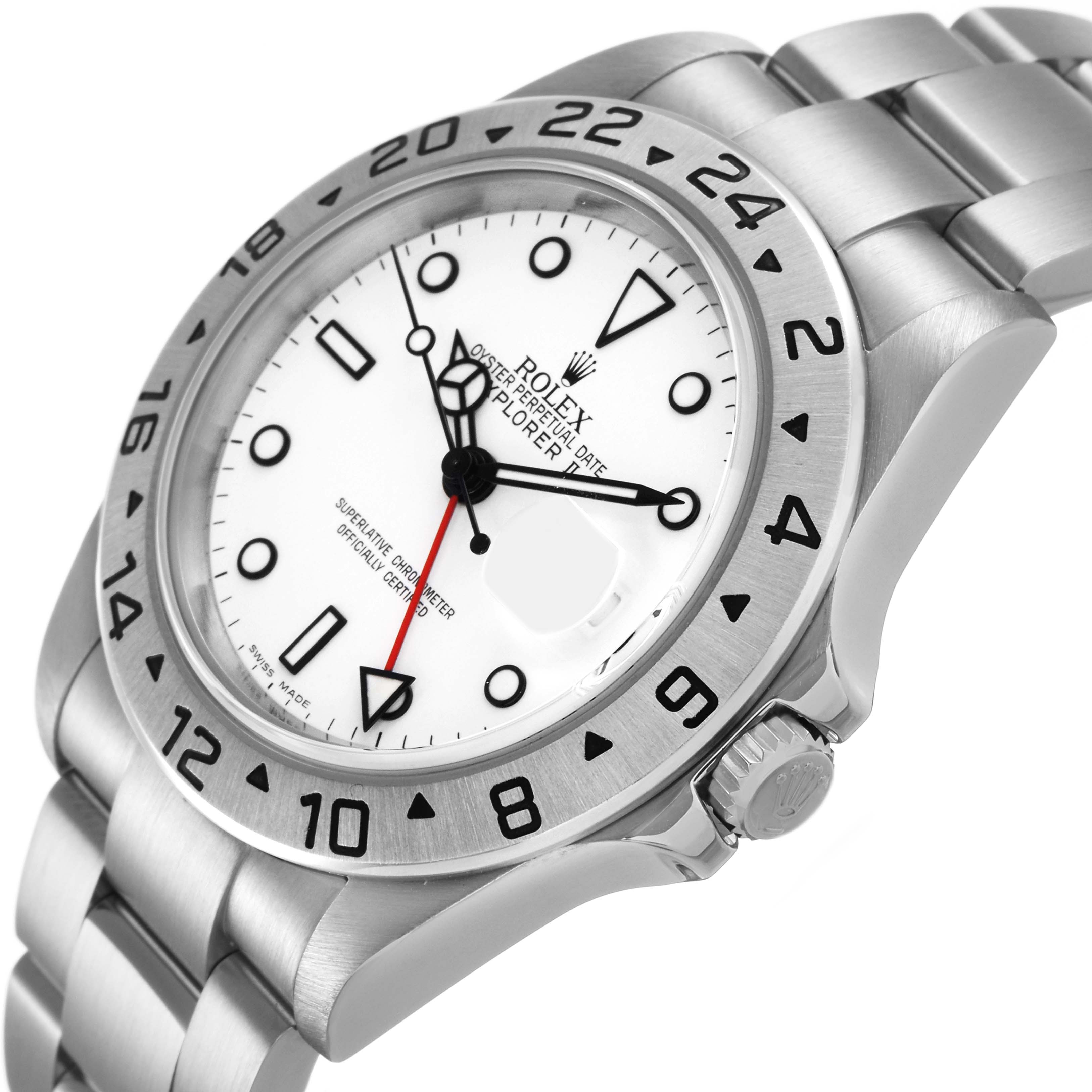 The Rolex Explorer 16570 Men's Stainless Steel White Dial watch is shown at an angled close-up, highlighting the bezel, dial, hands, bracelet, and crown.