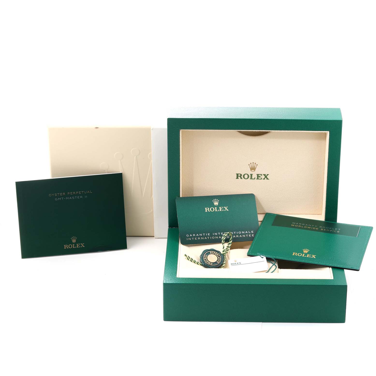 The image shows the packaging and accessories for the Rolex GMT-Master 126710 Men's Stainless Steel Black Dial 126710 Men's Stainless Steel Black Dial watch, including the box, warranty, and instruction manual.