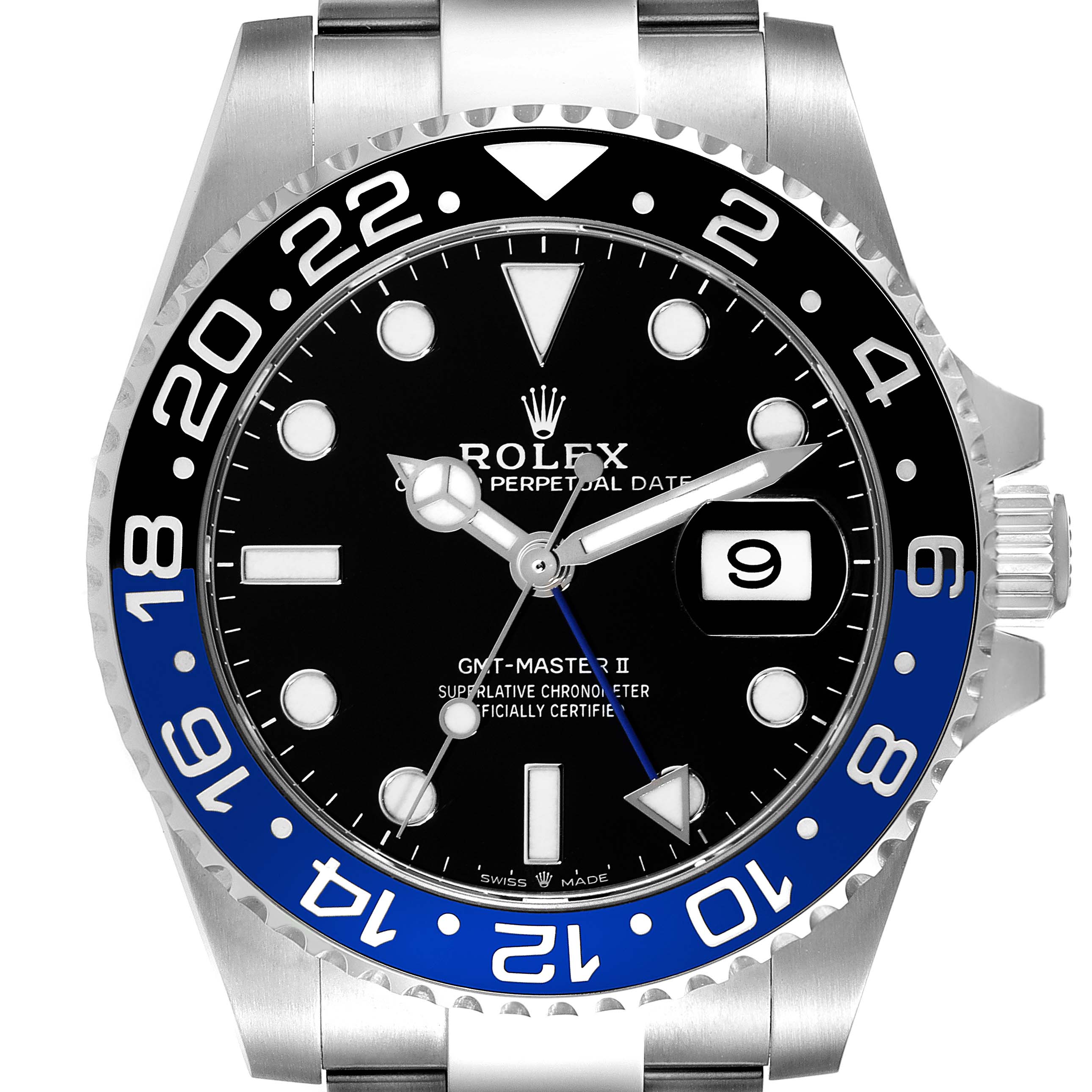 This image shows a frontal view of the Rolex GMT-Master 126710 Men's Stainless Steel Black Dial 126710 Men's Stainless Steel Black Dial II watch, highlighting its dial, bezel, hour markers, and date window.