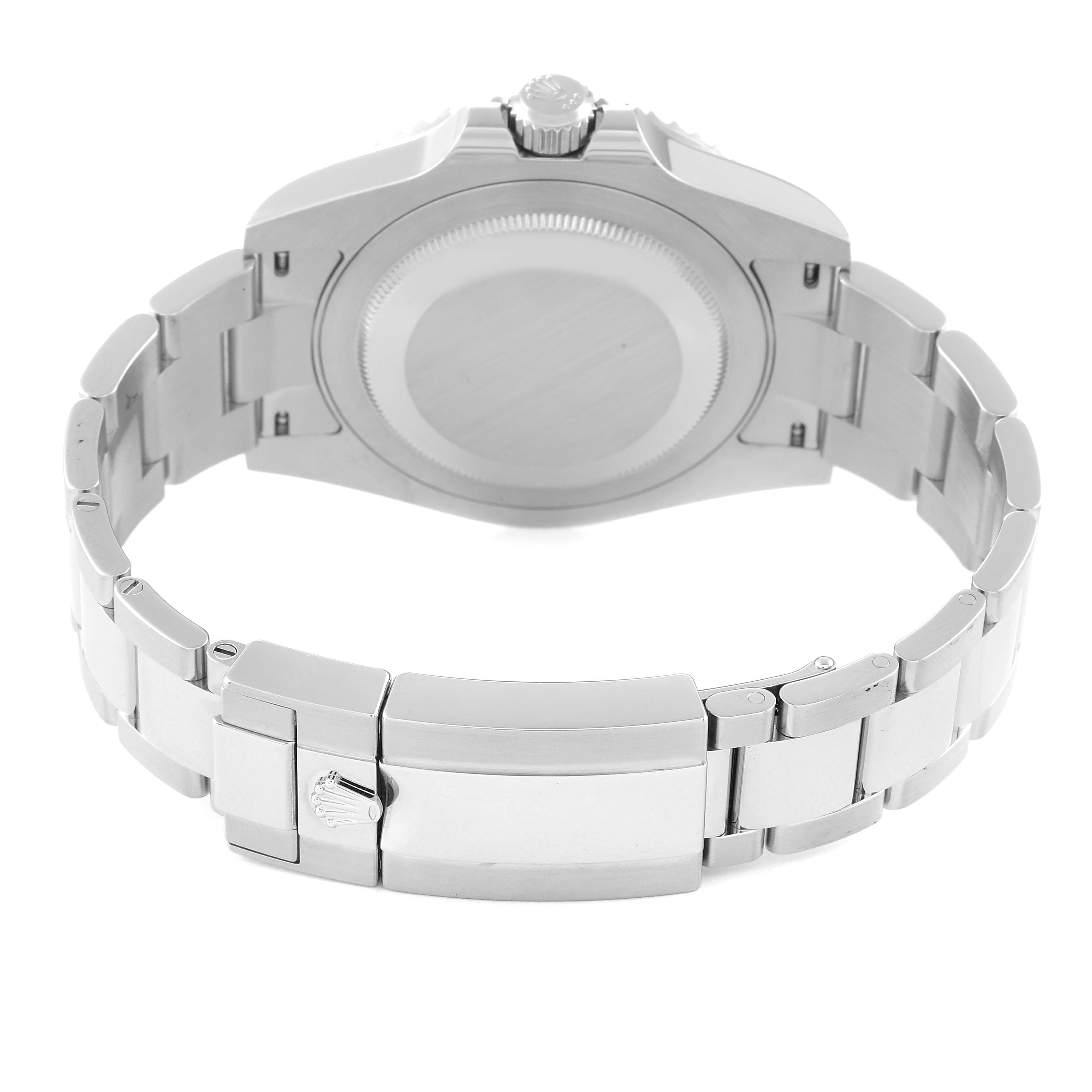 The image shows the back case and clasp of a Rolex GMT-Master 126710 Men's Stainless Steel Black Dial 126710 Men's Stainless Steel Black Dial watch, viewed from the rear.