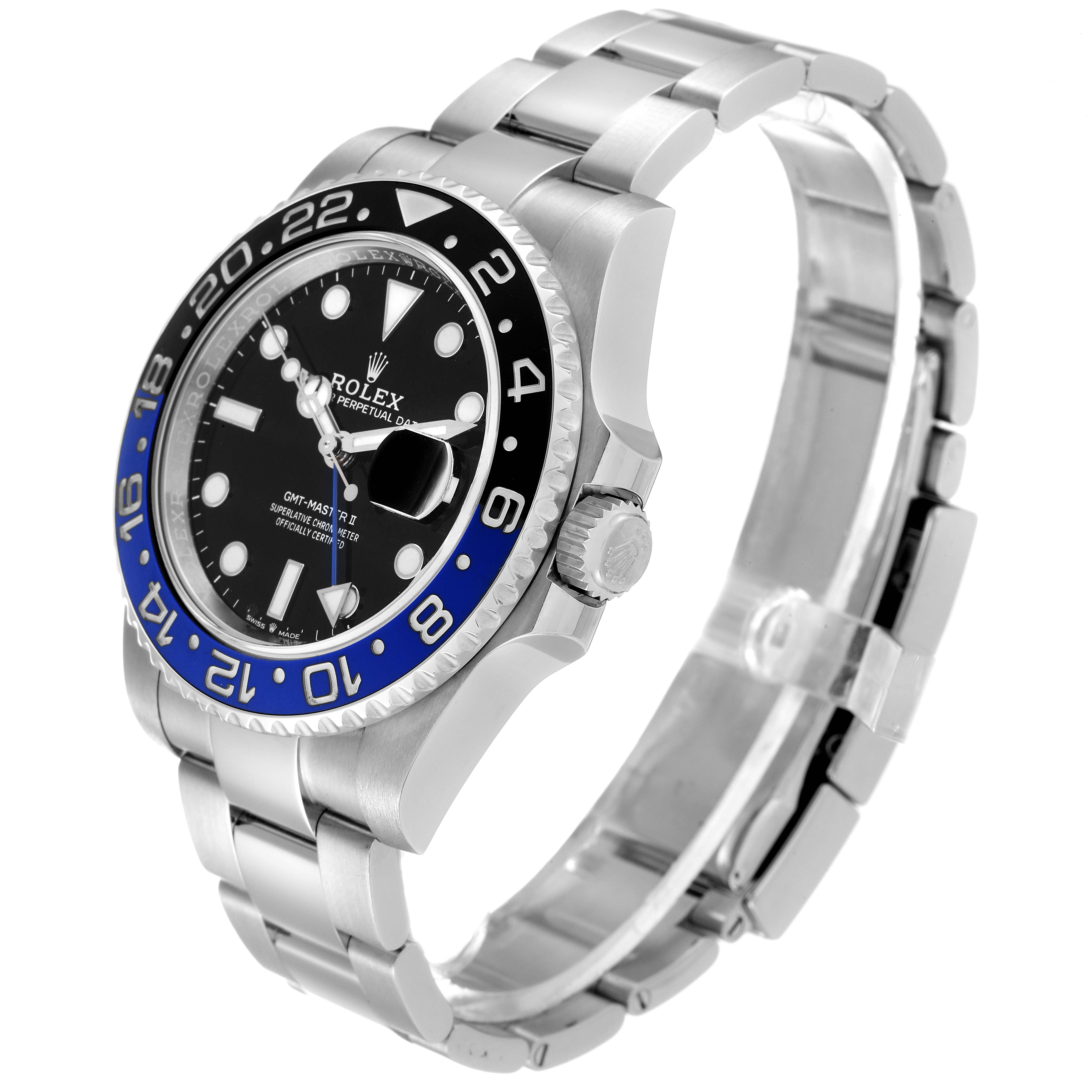 The image shows a Rolex GMT-Master 126710 Men's Stainless Steel Black Dial 126710 Men's Stainless Steel Black Dial model watch angled from the front-left, highlighting the bezel, dial, crown, and bracelet.