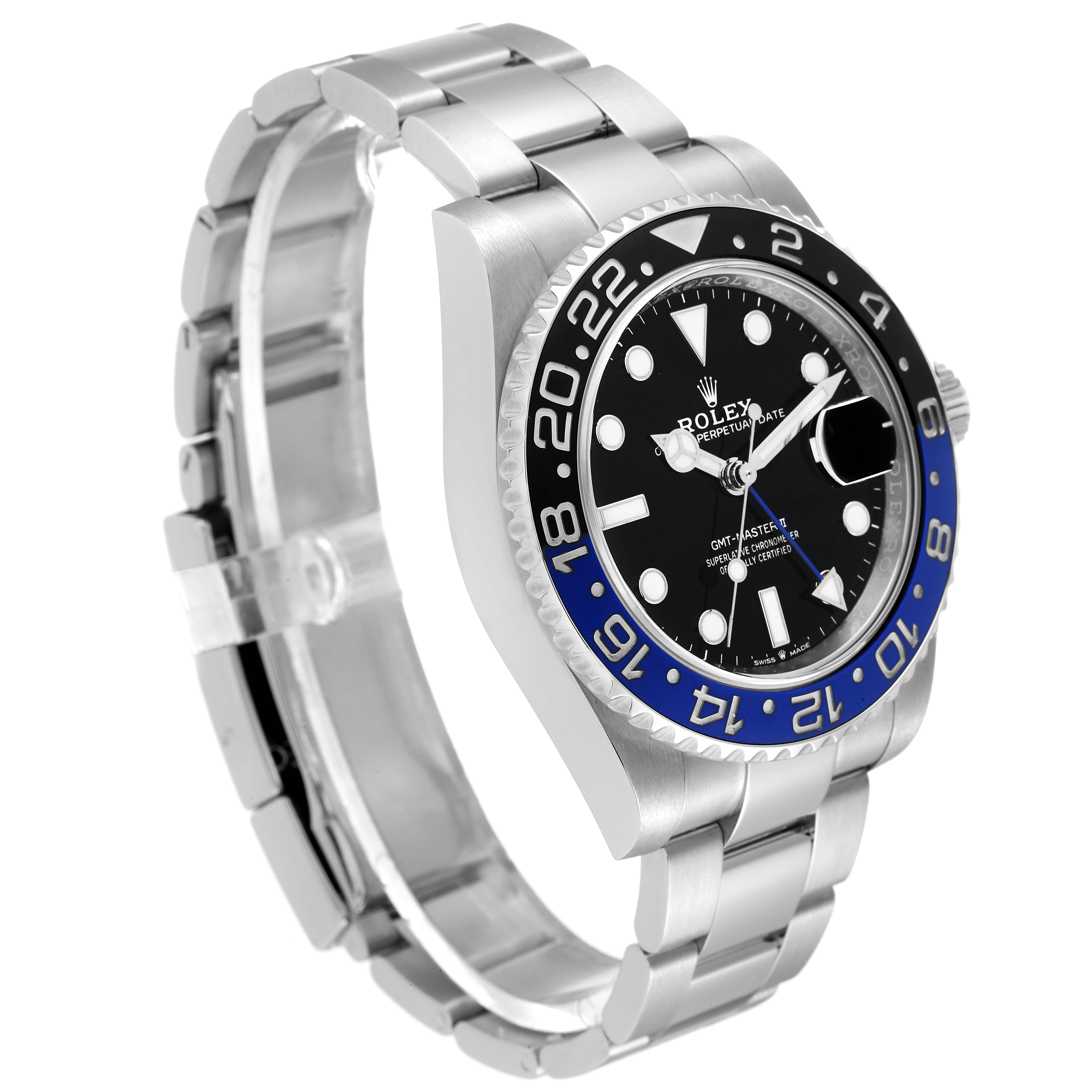 The image shows a Rolex GMT-Master 126710 Men's Stainless Steel Black Dial 126710 Men's Stainless Steel Black Dial II watch at a three-quarter angle, highlighting the bezel, dial, and bracelet.