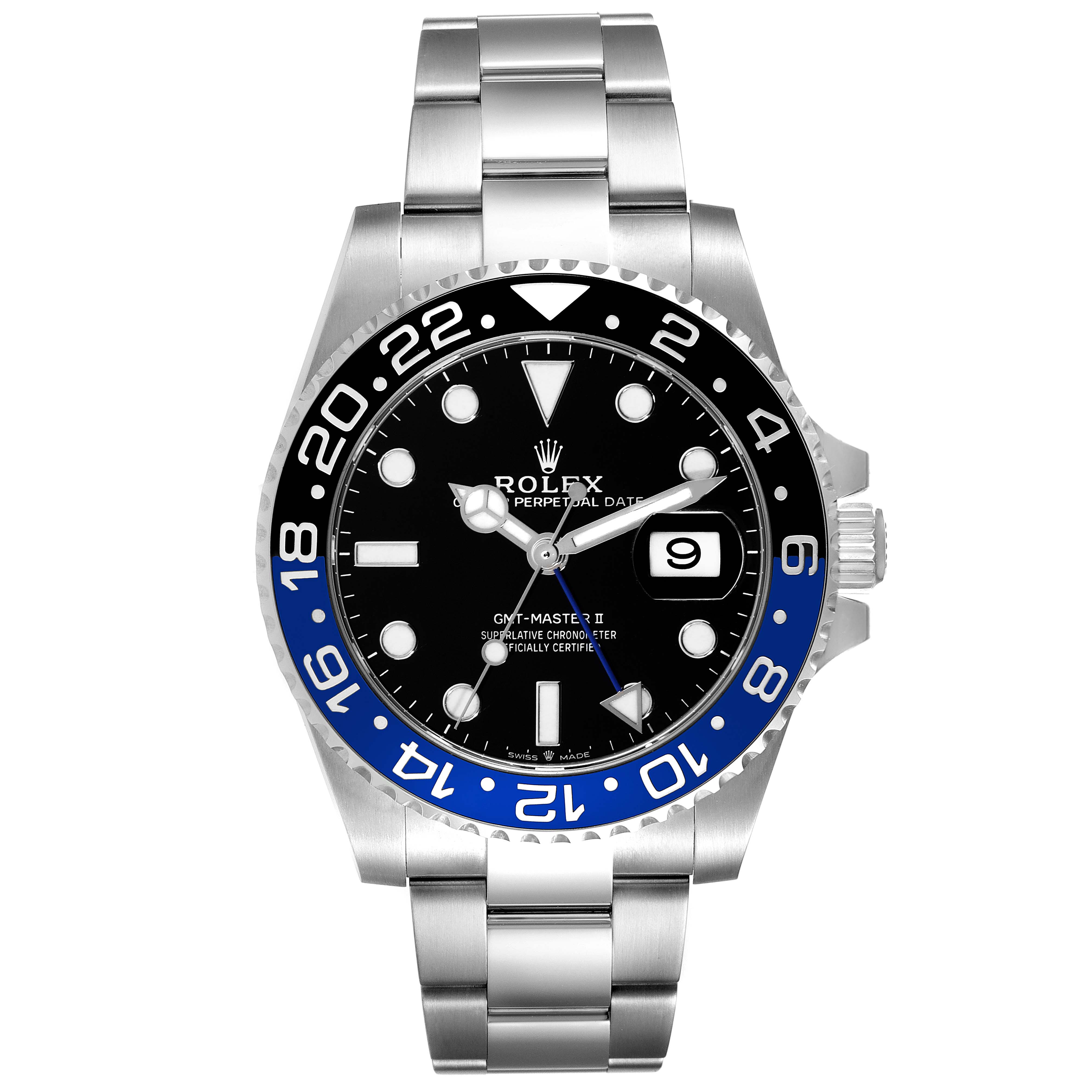 The Rolex GMT-Master 126710 Men's Stainless Steel Black Dial 126710 Men's Stainless Steel Black Dial watch is shown from the front, displaying the face, bezel, and part of the bracelet and crown.