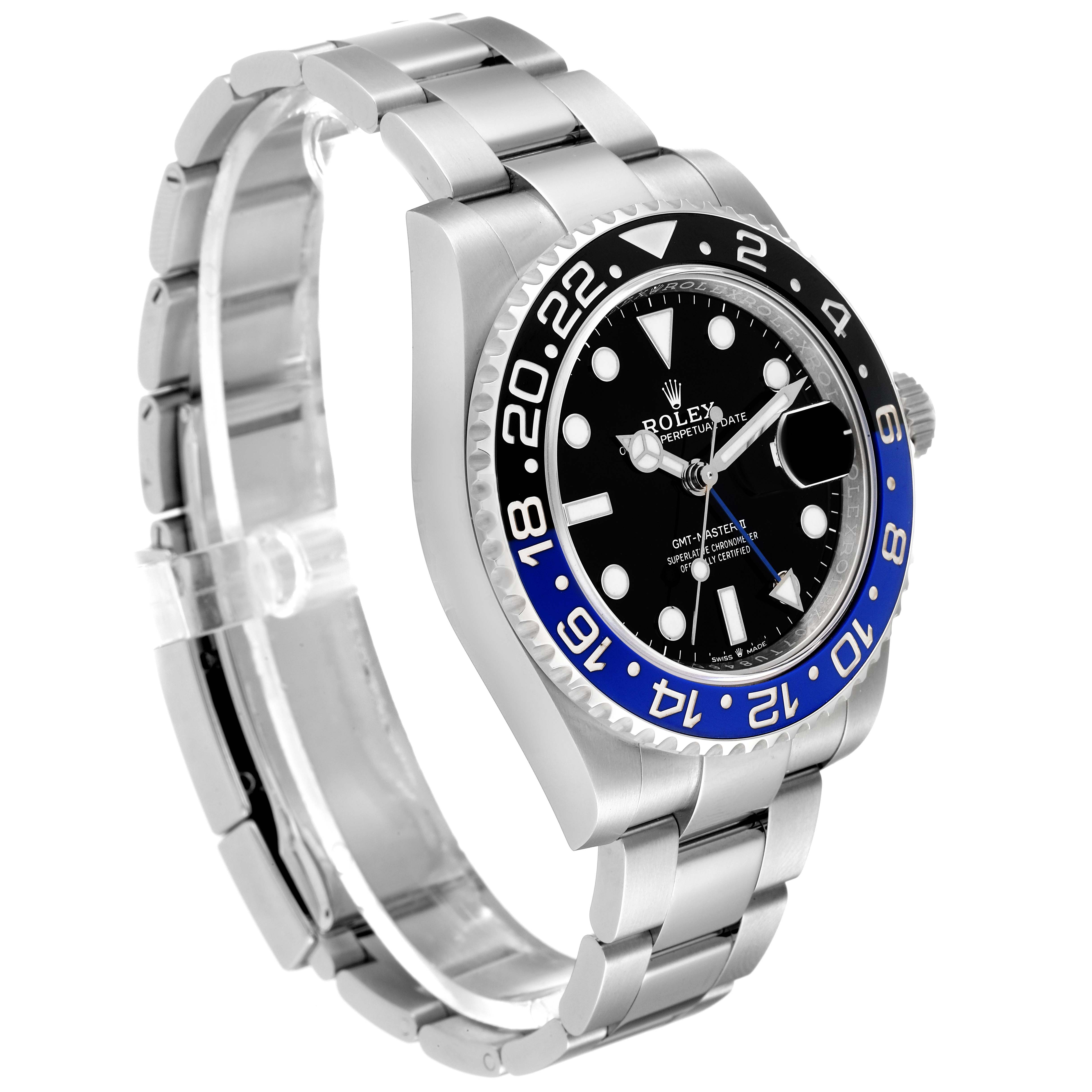 The Rolex GMT-Master 126710 Men's Stainless Steel Black Dial 126710 Men's Stainless Steel Black Dial watch is shown at a three-quarter angle, displaying its bezel, dial, and bracelet.