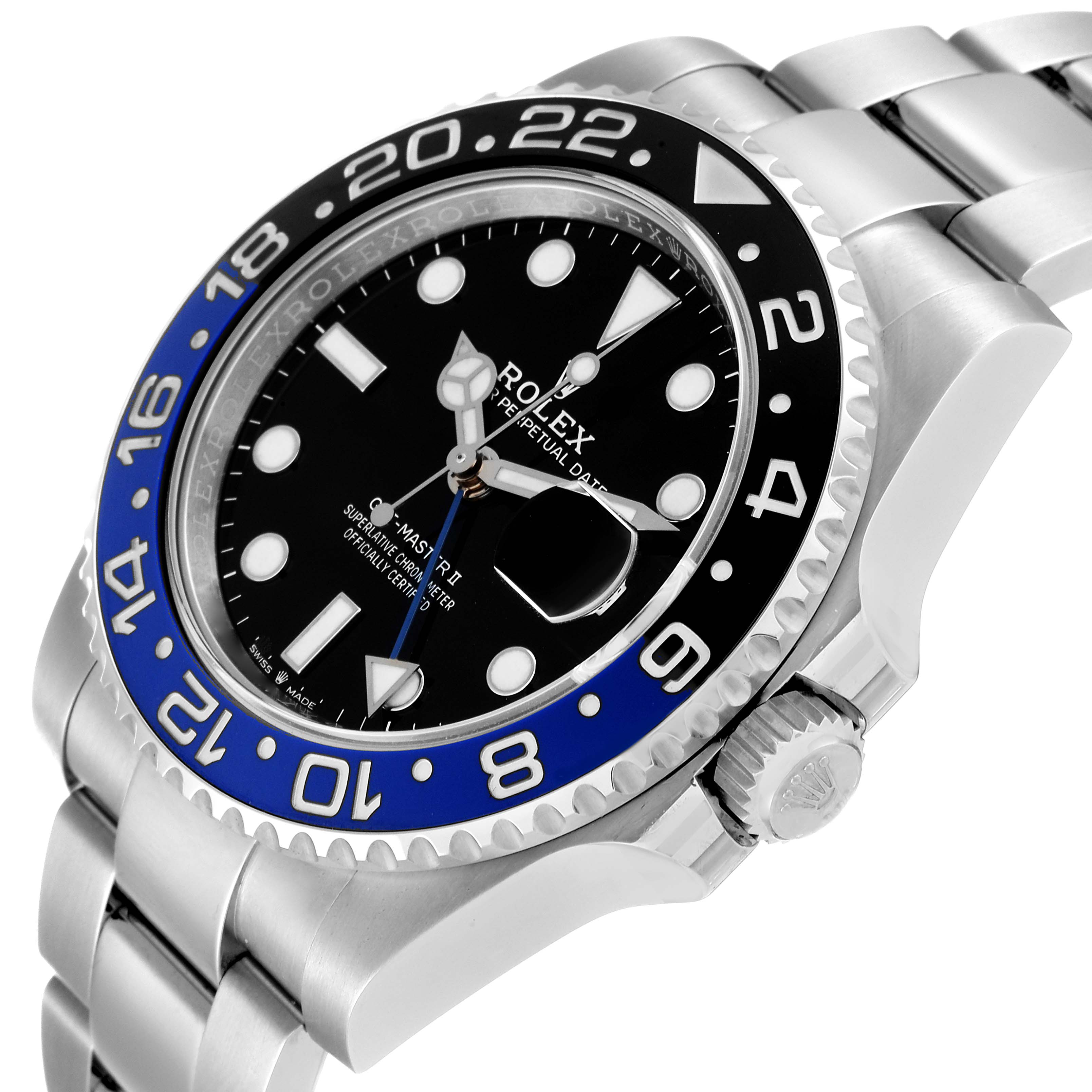 The image shows a close-up, angled view of the Rolex GMT-Master 126710 Men's Stainless Steel Black Dial 126710 Men's Stainless Steel Black Dial II watch, highlighting its bezel, dial, and part of the bracelet.