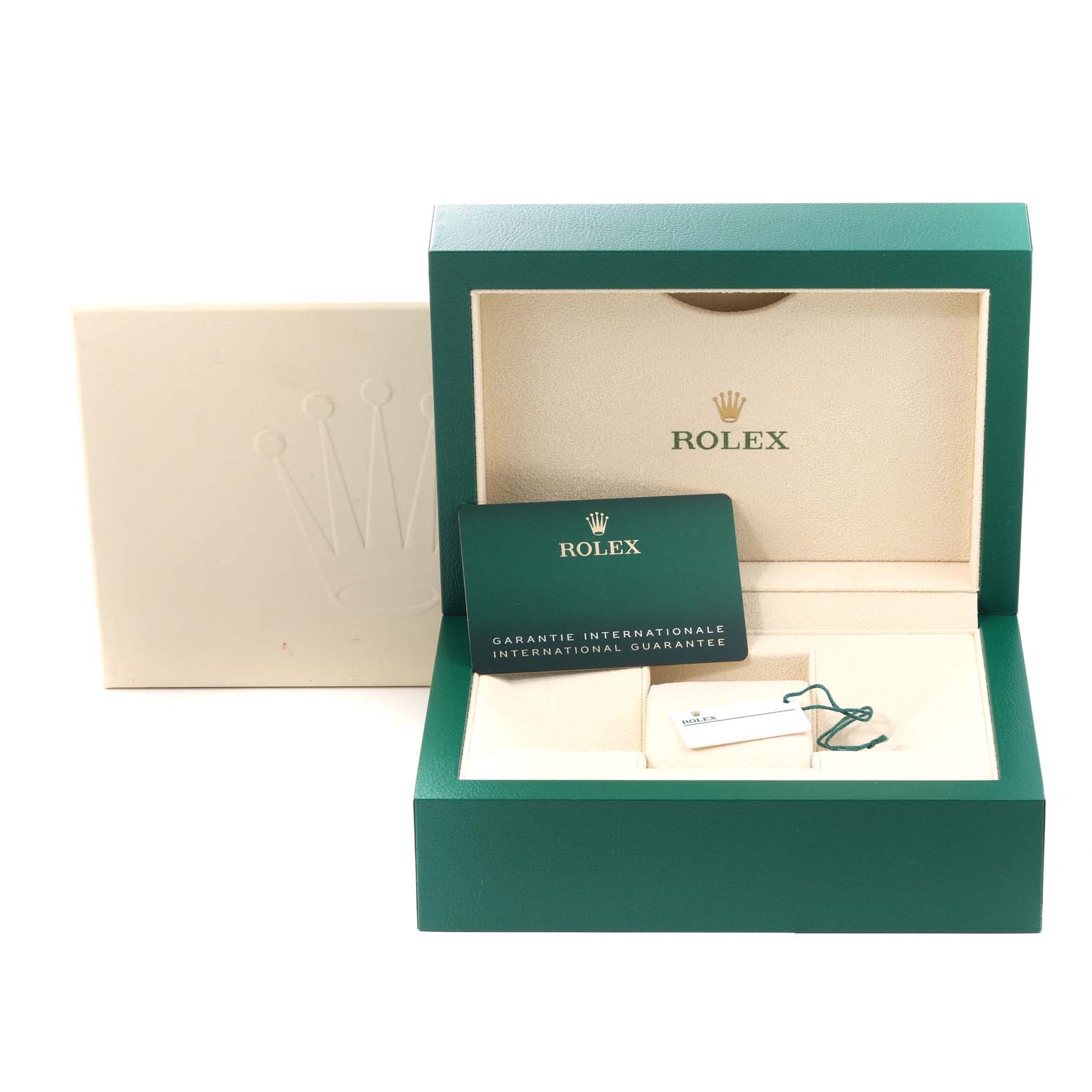 The image shows the open packaging for a Rolex GMT-Master 126710 Men's Stainless Steel Black Dial 126710 Men's Stainless Steel Black Dial watch, including the inner box, an international guarantee card, and tags.