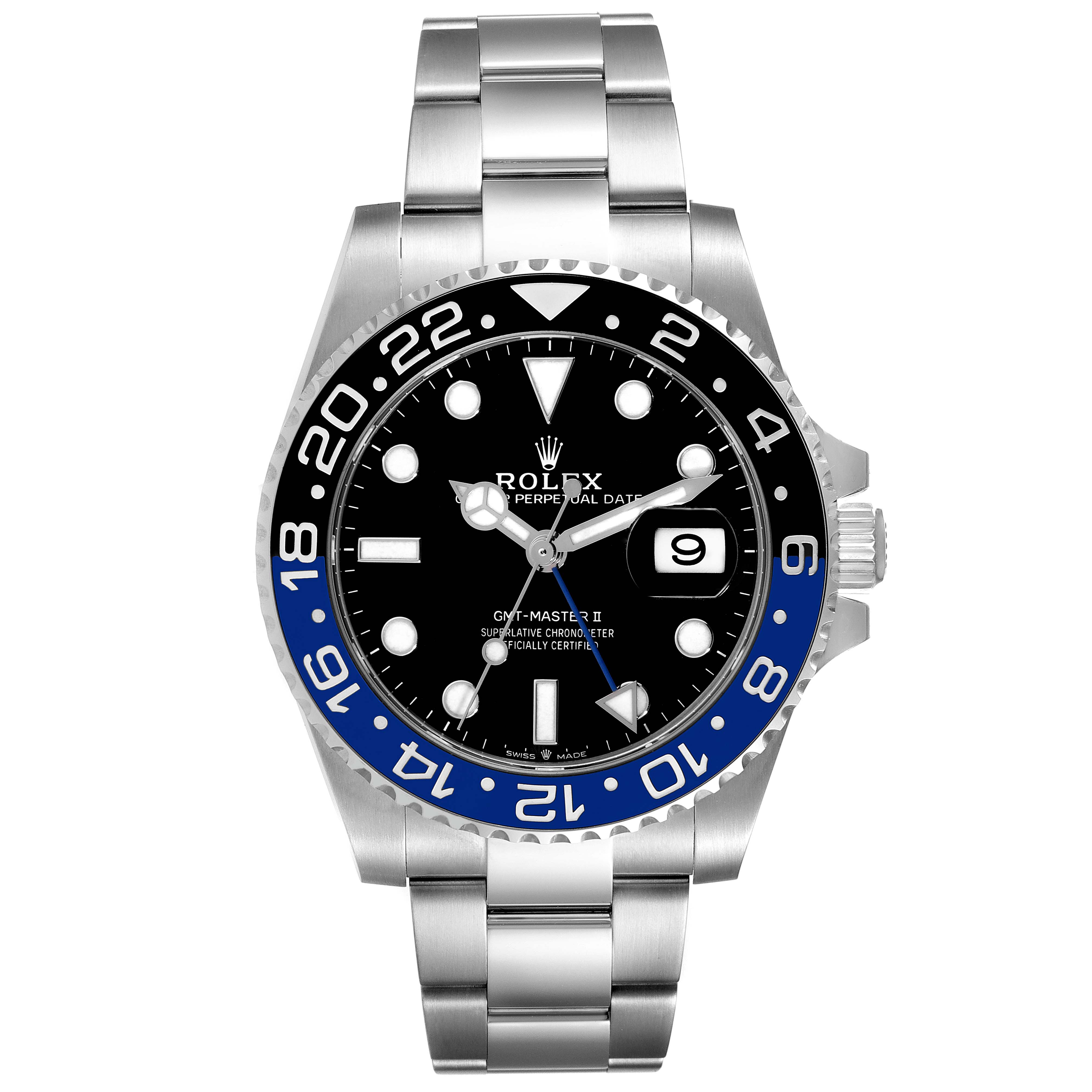 The image shows a front view of a Rolex GMT-Master 126710 Men's Stainless Steel Black Dial 126710 Men's Stainless Steel Black Dial II watch with a black and blue bezel, stainless steel bracelet, and date display.