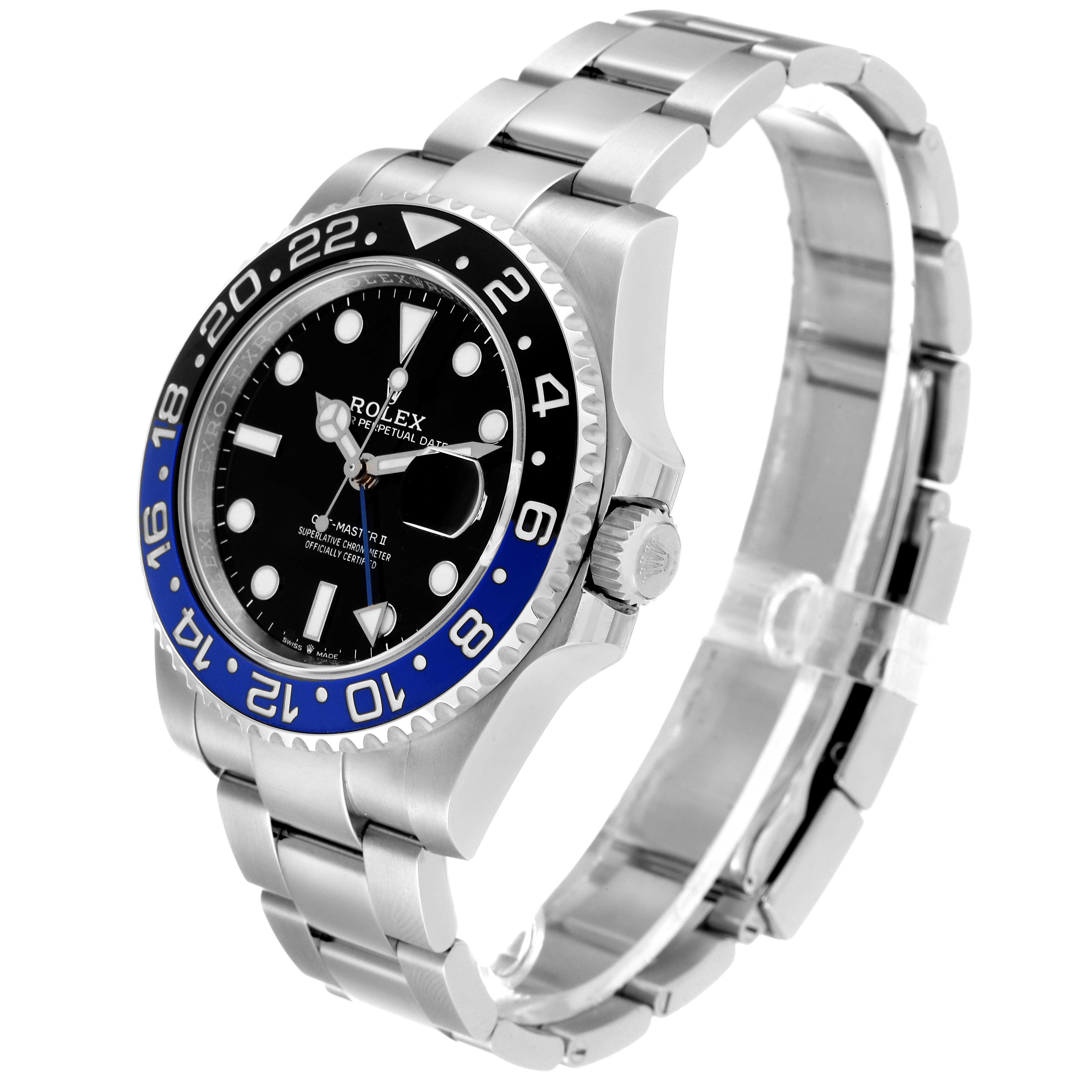 The image shows a side and front view angle of the Rolex GMT-Master 126710 Men's Stainless Steel Black Dial 126710 Men's Stainless Steel Black Dial watch, highlighting the bezel, dial, case, and bracelet.