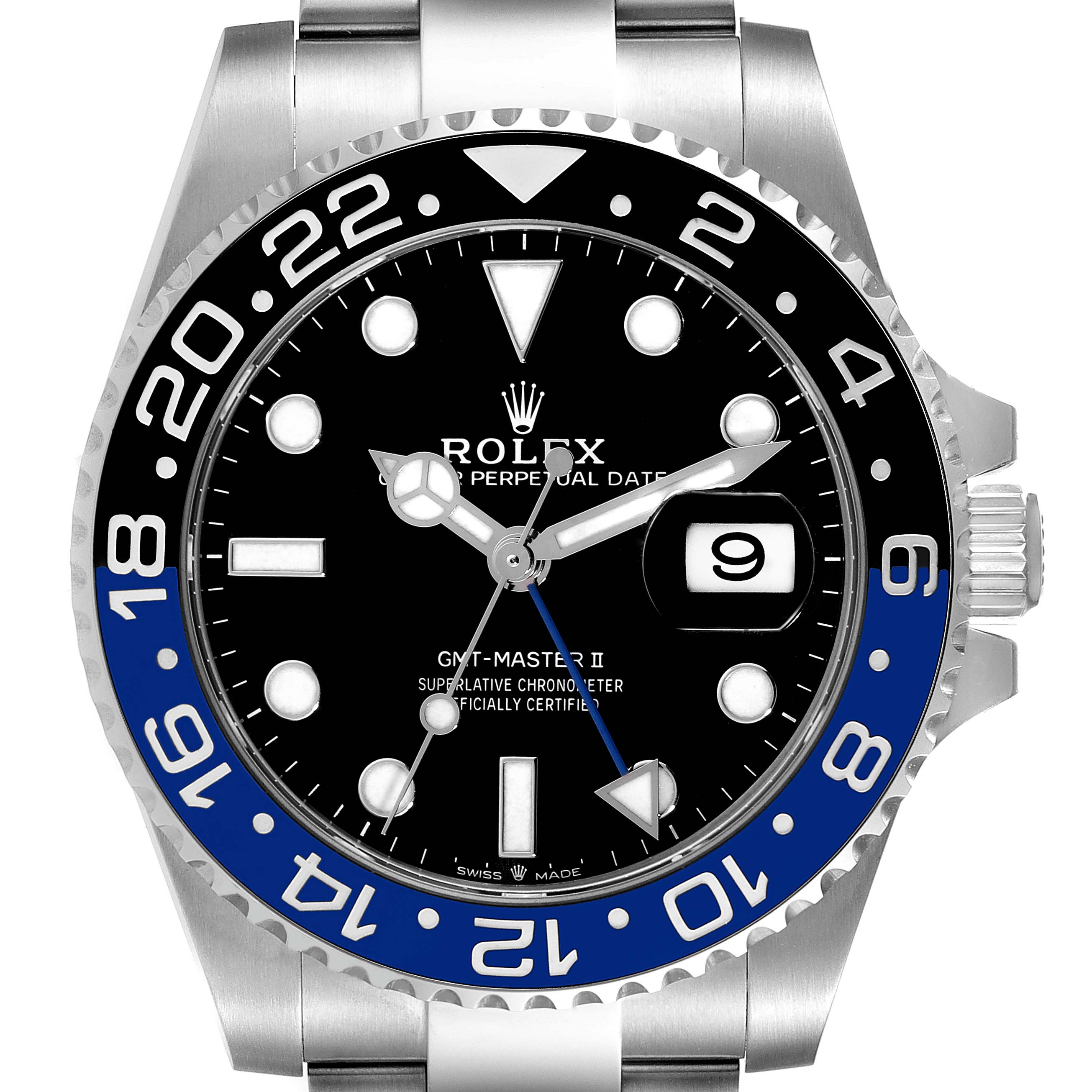 This image shows the face of a Rolex GMT-Master 126710 Men's Stainless Steel Black Dial 126710 Men's Stainless Steel Black Dial II watch with a two-tone black and blue bezel, and a stainless steel bracelet.