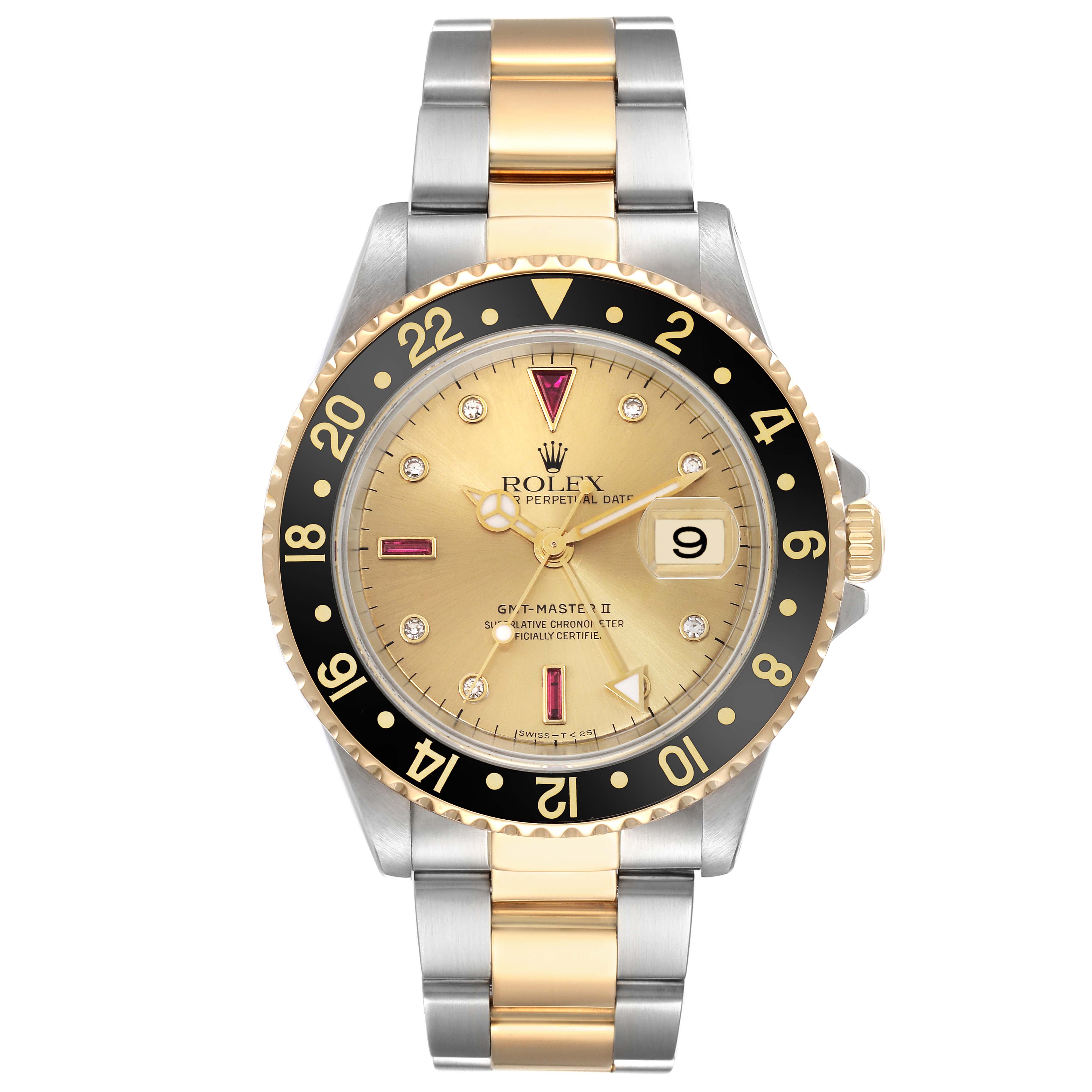 The image shows the front view of a Rolex GMT-Master 16713 Men's Steel and Gold (two tone) Champagne Dial 16713 Men's Steel and Gold (two tone) Champagne Dial II watch featuring a gold and stainless steel bracelet.