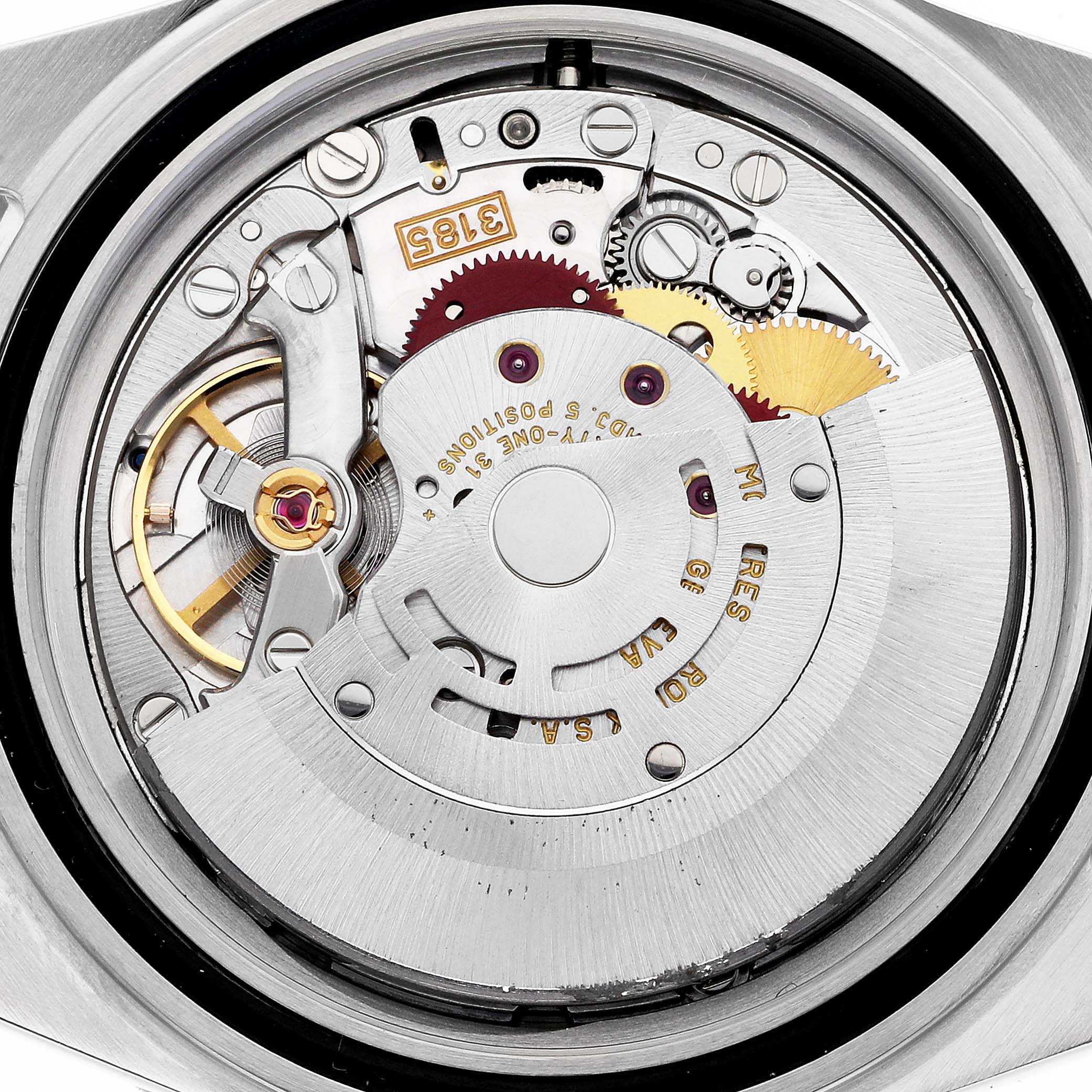 This image shows the internal mechanism and movement of a Rolex GMT-Master 16713 Men's Steel and Gold (two tone) Champagne Dial 16713 Men's Steel and Gold (two tone) Champagne Dial watch, viewed from the back.