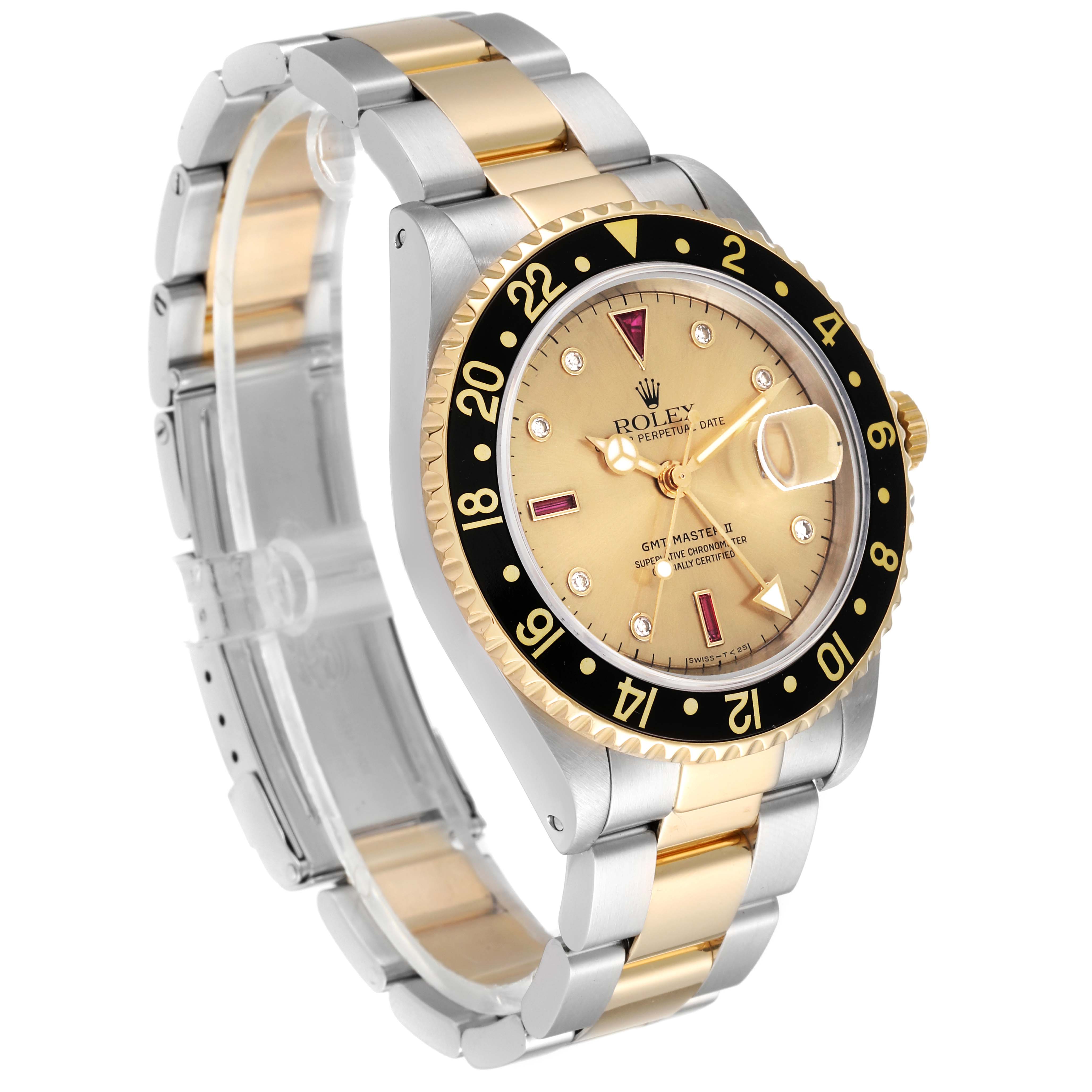 This image shows a frontal angle of the Rolex GMT-Master 16713 Men's Steel and Gold (two tone) Champagne Dial 16713 Men's Steel and Gold (two tone) Champagne Dial II watch, highlighting its two-tone band and bezel markings.