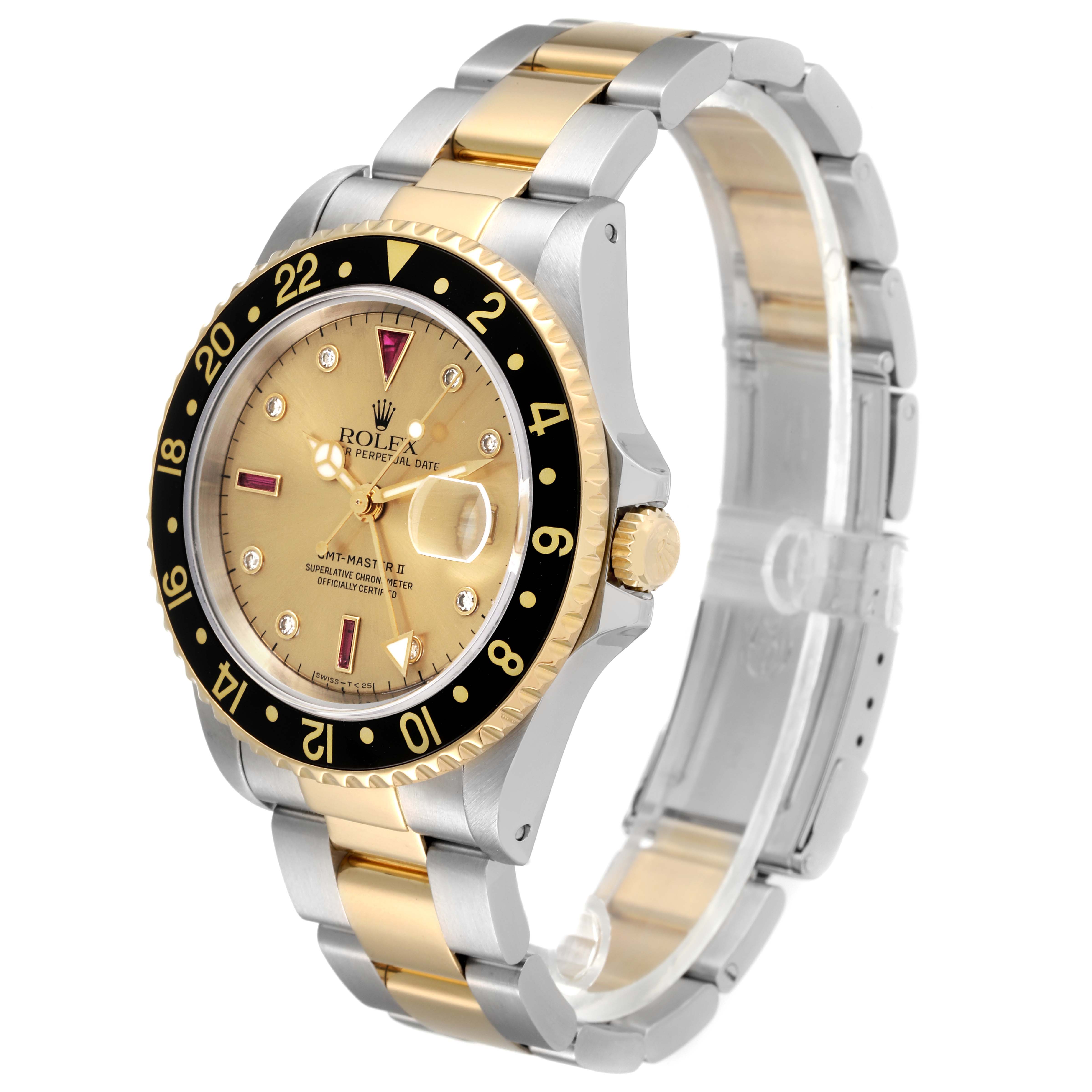 This Rolex GMT-Master 16713 Men's Steel and Gold (two tone) Champagne Dial 16713 Men's Steel and Gold (two tone) Champagne Dial watch is shown at an angled view, highlighting the bezel, crown, dial, and two-tone bracelet.