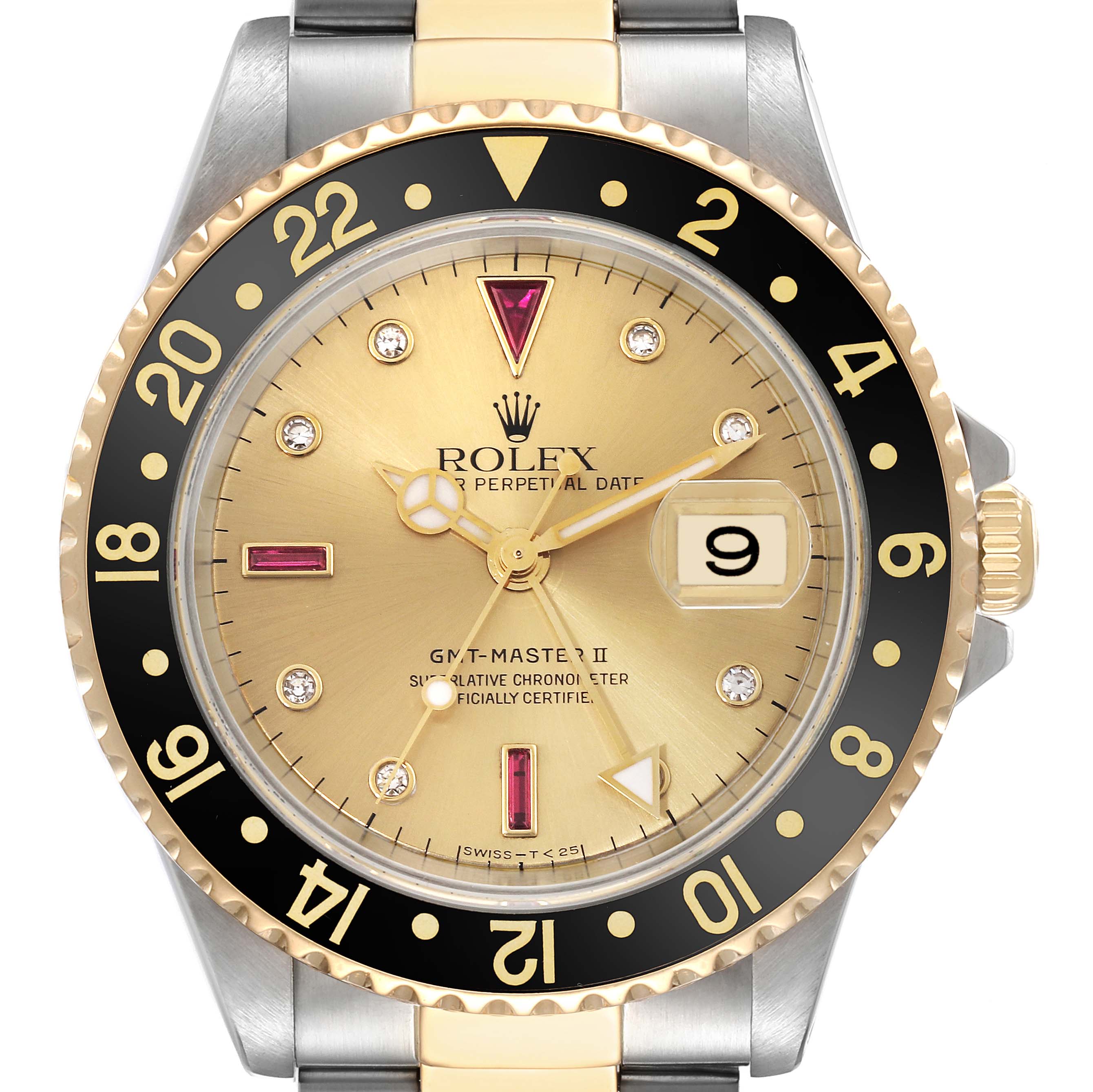 This is a close-up, front-facing view of a Rolex GMT-Master 16713 Men's Steel and Gold (two tone) Champagne Dial 16713 Men's Steel and Gold (two tone) Champagne Dial watch displaying the face, bezel, crown, and a portion of the bracelet.