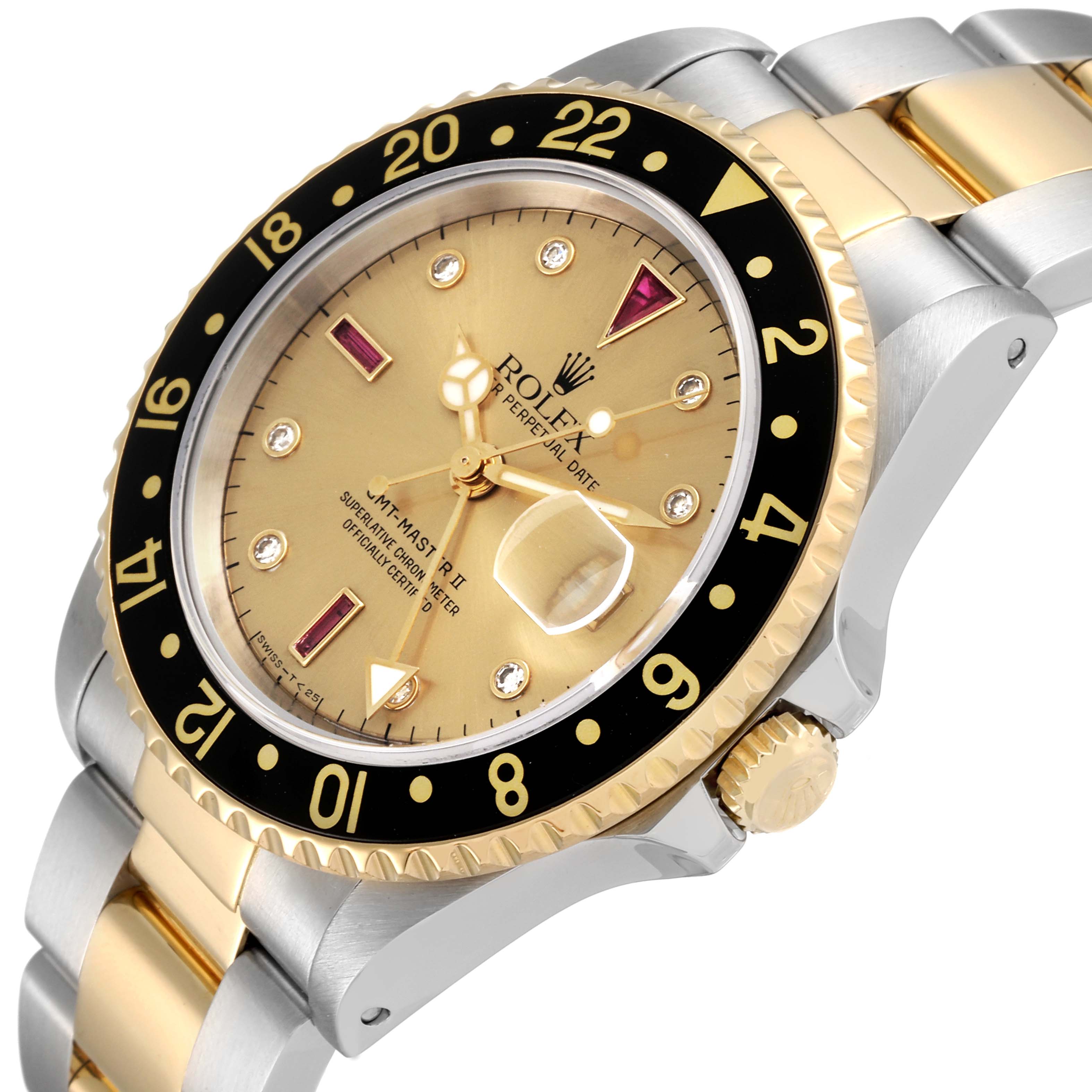 The image shows a Rolex GMT-Master 16713 Men's Steel and Gold (two tone) Champagne Dial 16713 Men's Steel and Gold (two tone) Champagne Dial II watch at an angled view highlighting the bezel, crown, dial, and bracelet.