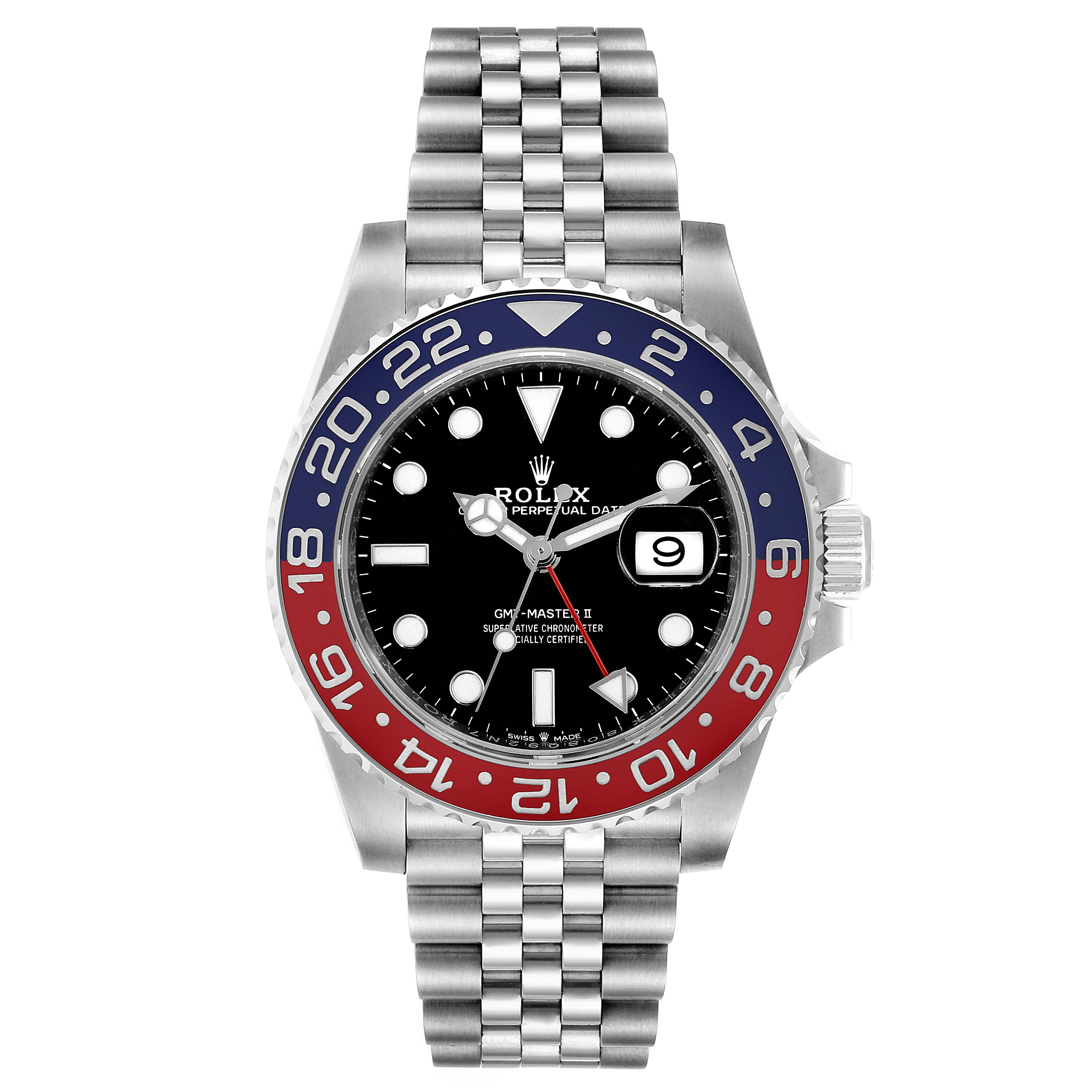 This Rolex GMT-Master 126710 Men's Stainless Steel Black Dial 126710 Men's Stainless Steel Black Dial II watch is shown from a front angle, displaying its bezel, dial, hands, date, and bracelet.