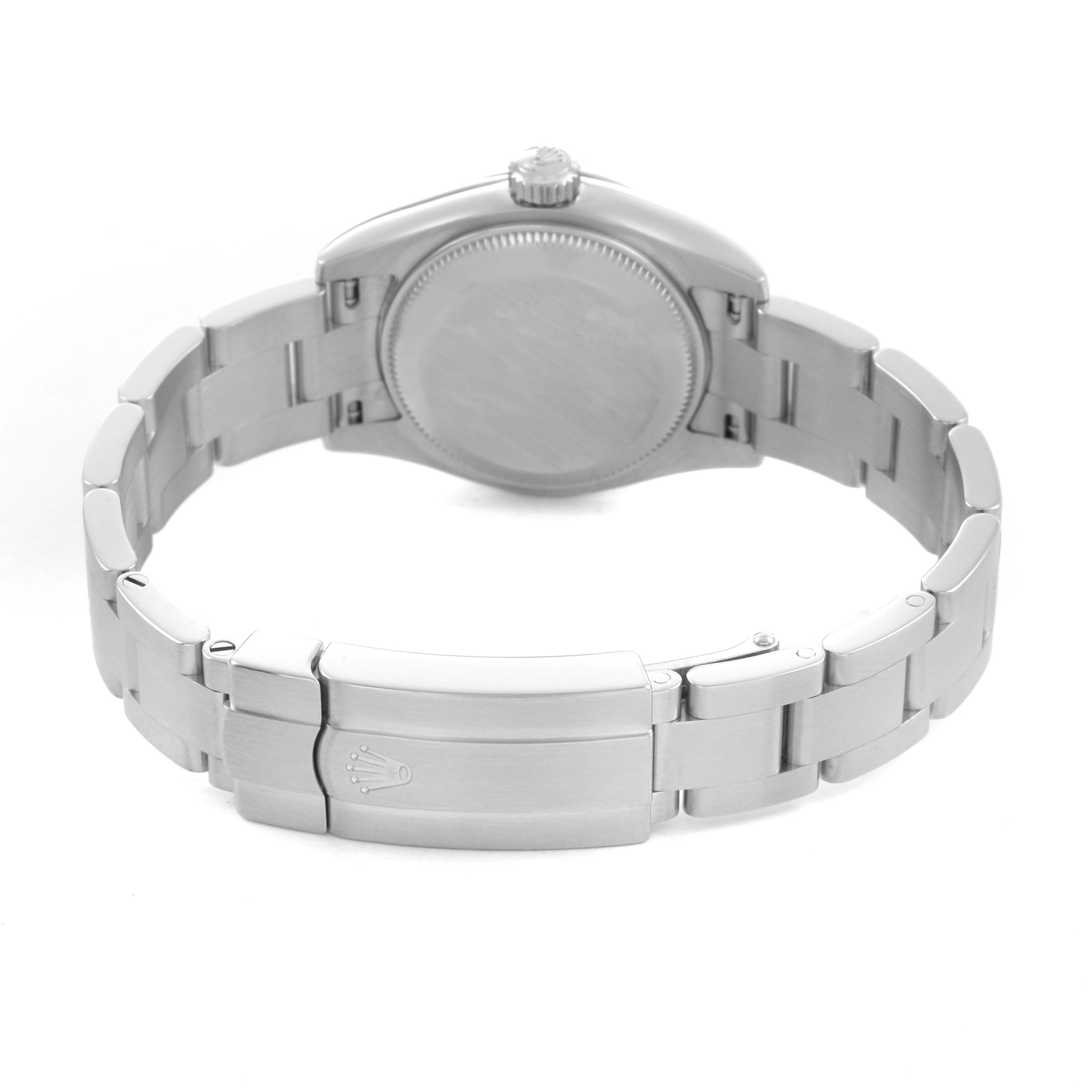 The Rolex Oyster Perpetual 176200 Women's Stainless Steel Black Dial watch is shown from the back, displaying the clasp and bracelet in a partially opened position.