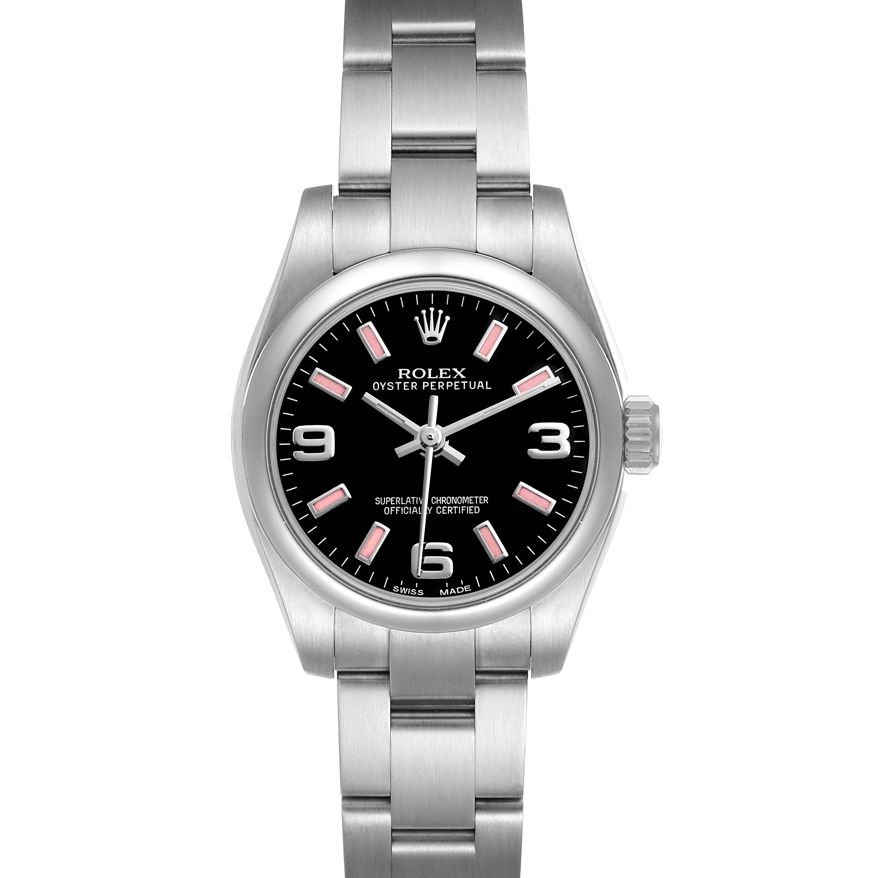 The Rolex Oyster Perpetual 176200 Women's Stainless Steel Black Dial watch is shown from a front angle, displaying the dial, bezel, and bracelet clearly.