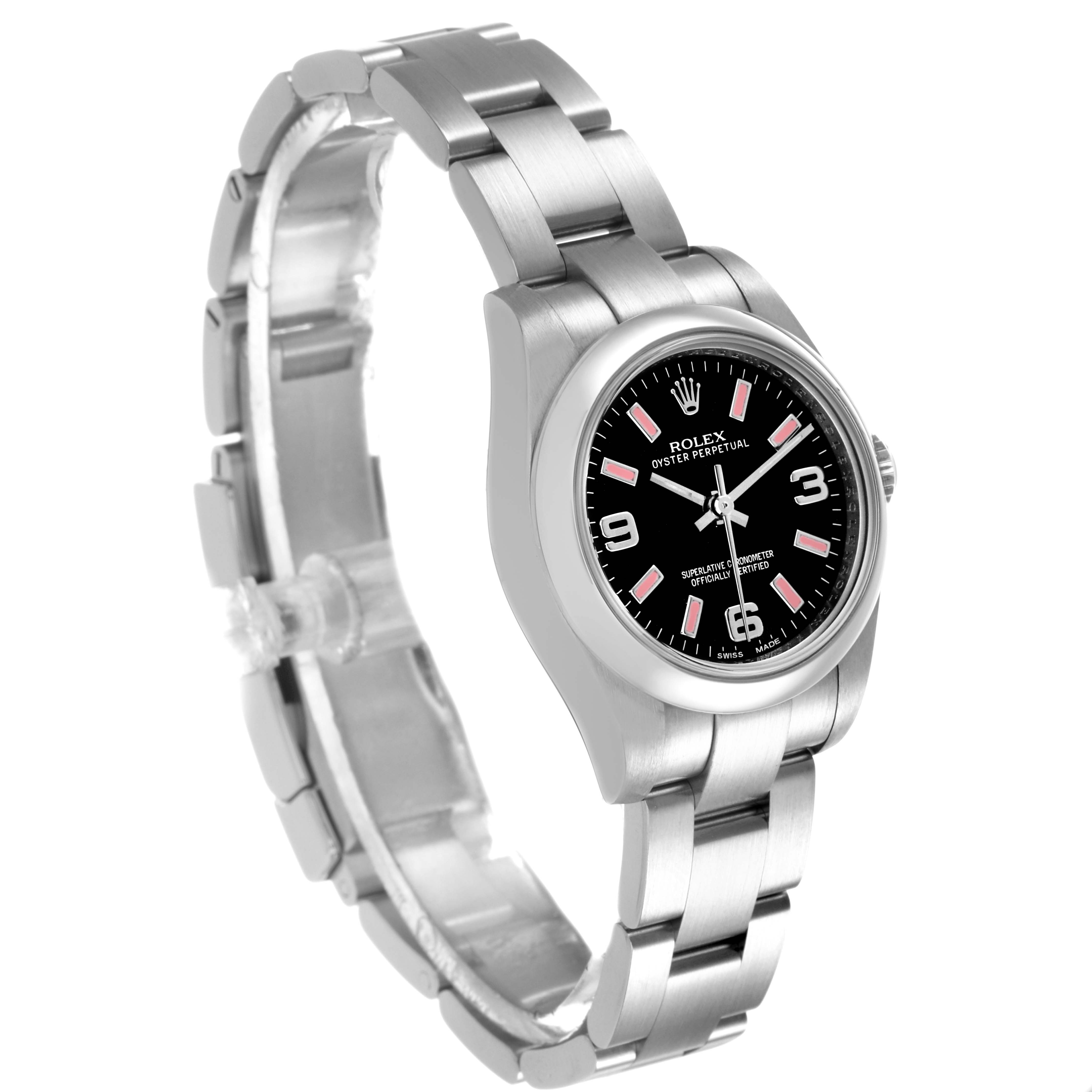 The Rolex Oyster Perpetual 176200 Women's Stainless Steel Black Dial watch is shown at a three-quarter angle, highlighting the bracelet, case, and dial.