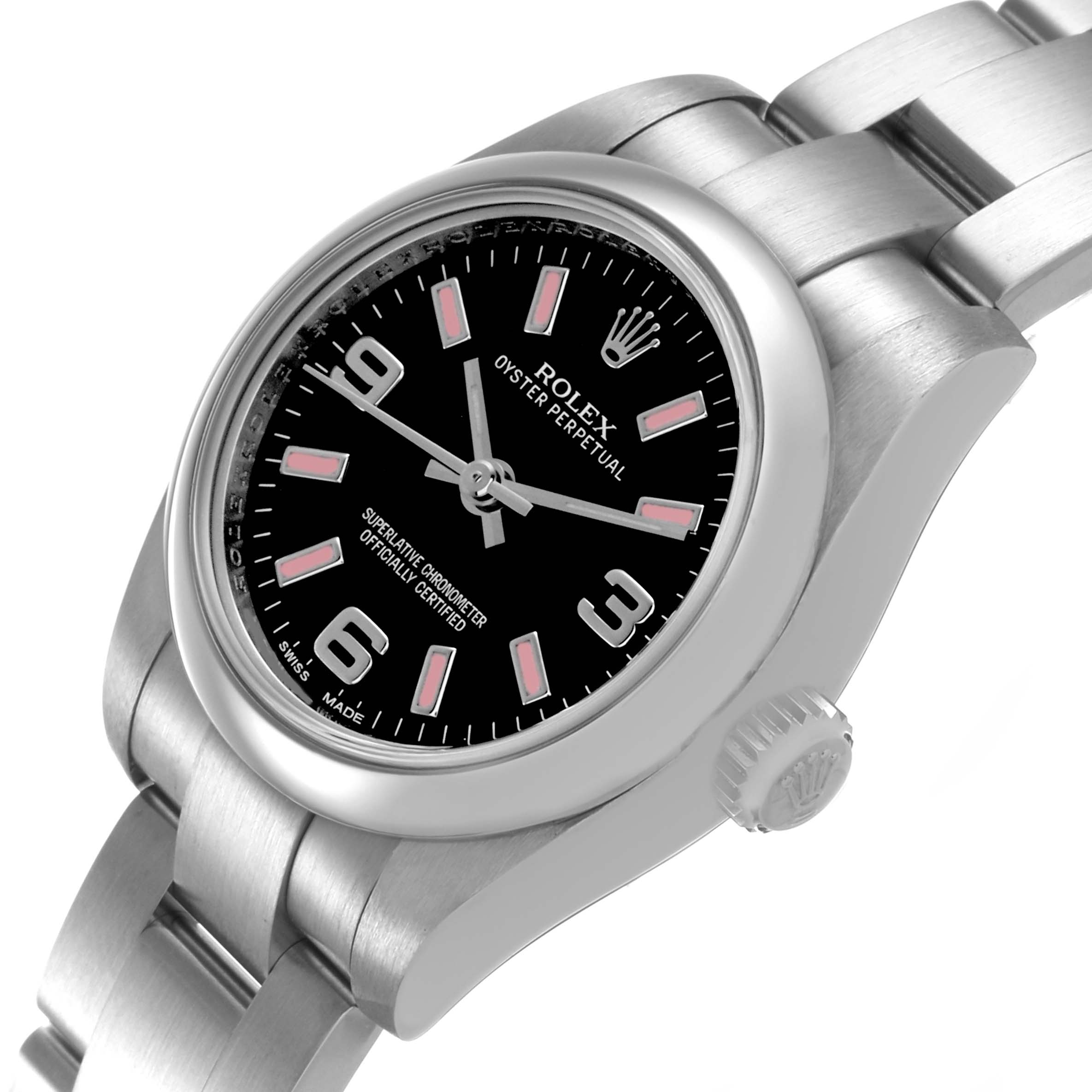 The Rolex Oyster Perpetual 176200 Women's Stainless Steel Black Dial watch is shown at an angle highlighting the dial, bezel, crown, and part of the bracelet.