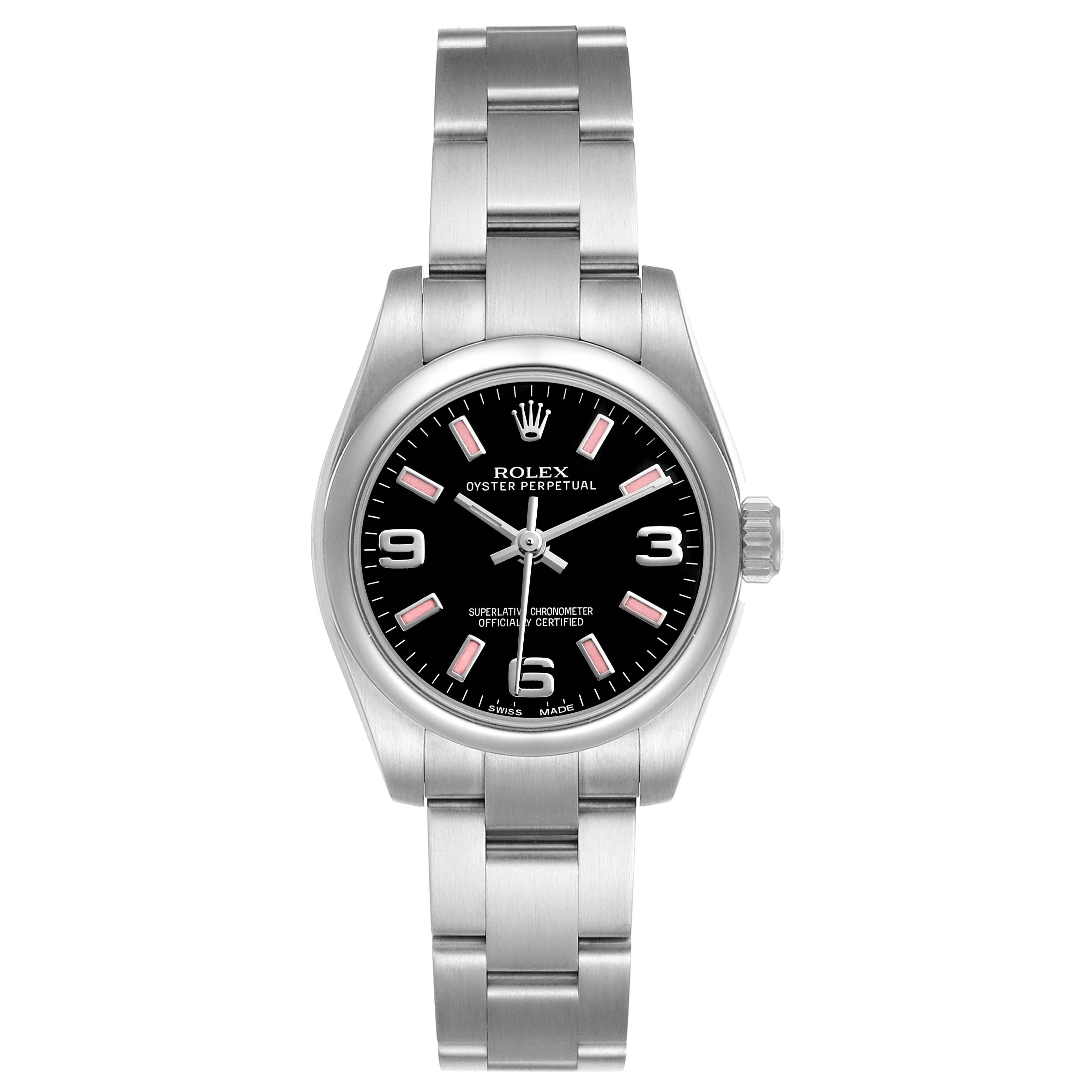 The Rolex Oyster Perpetual 176200 Women's Stainless Steel Black Dial watch is shown from the front, highlighting its black dial, silver markers, bezel, and bracelet.